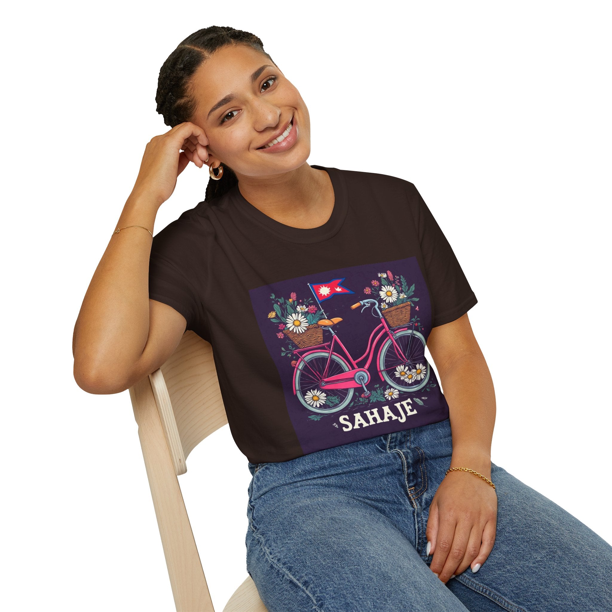 Bicycle Floral T-Shirt – Pink Bike with Baskets & "Sahaje" Text