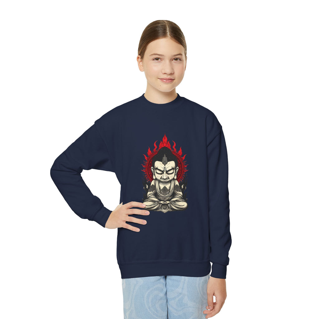 Flaming Meditating Buddha Youth Crewneck Sweatshirt — Zen Graphic Sweater for Kids