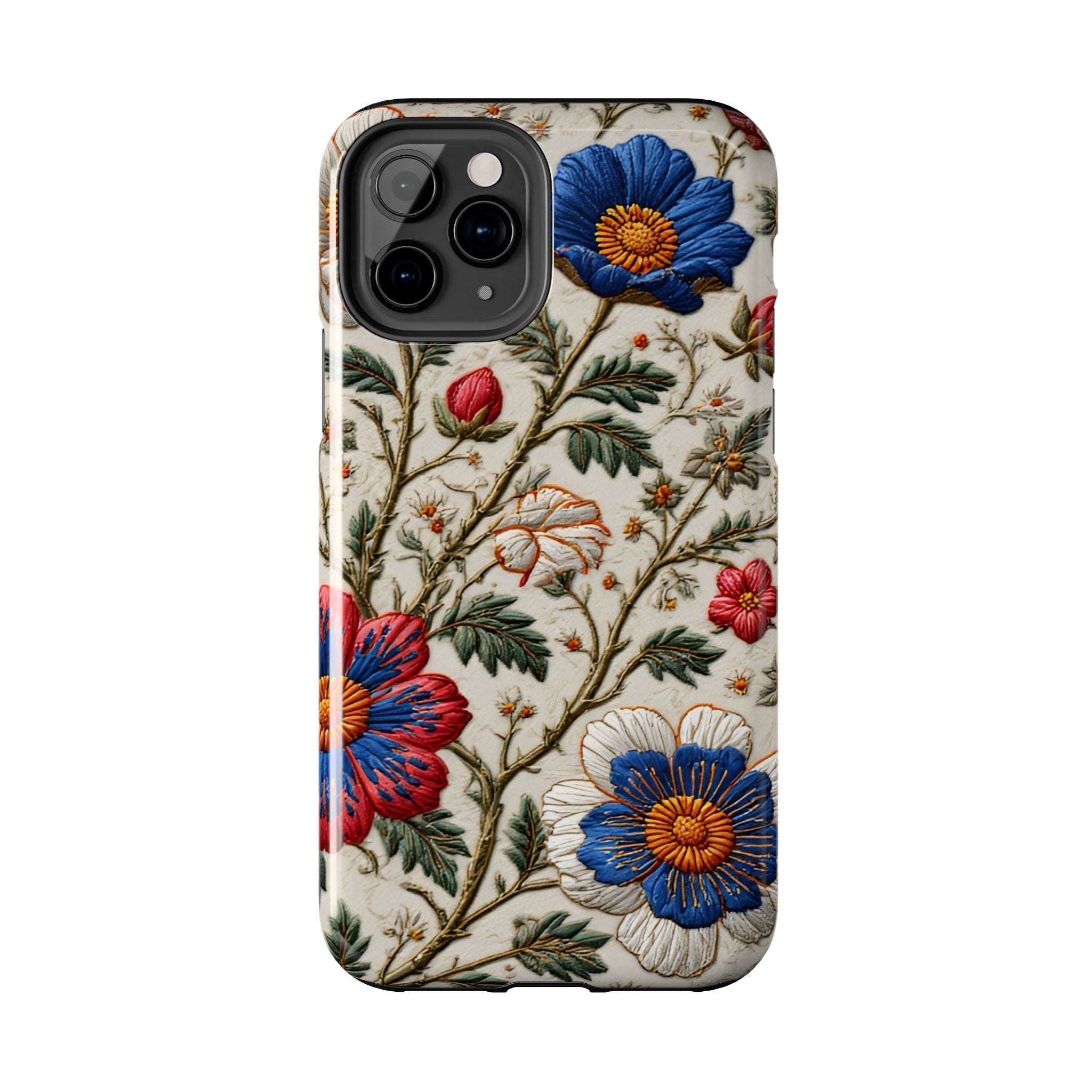 Floral Embroidery Tough Phone Case — Vintage Blue & Red Garden Design