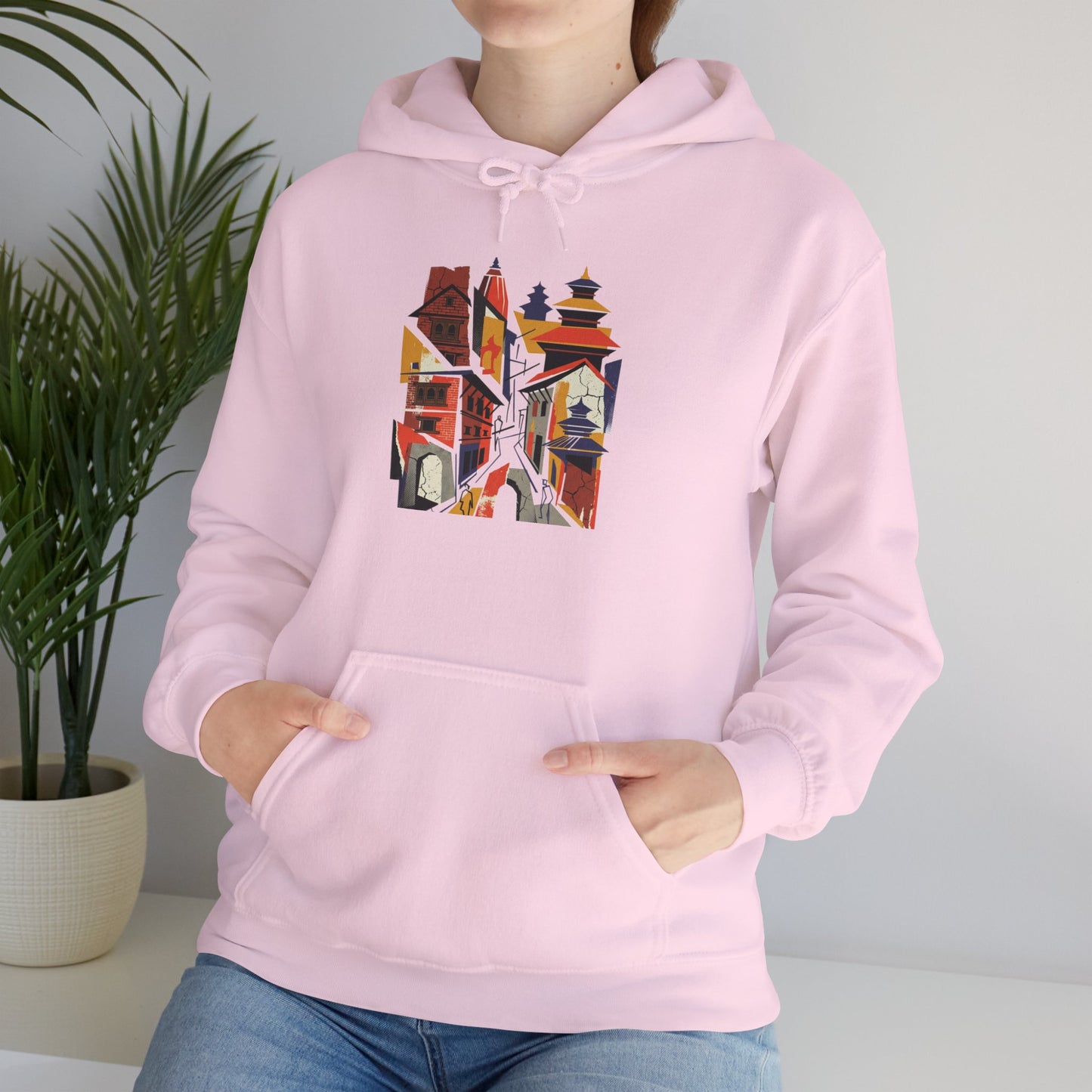 Cityscape Collage Hoodie — Colorful Urban Architecture Graphic Hoodie