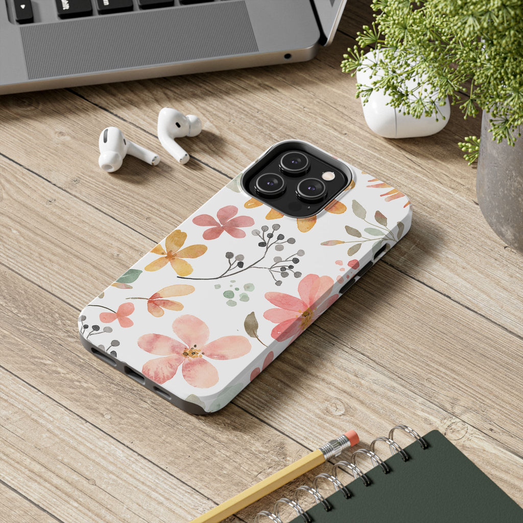 Floral Watercolor Tough Phone Case — Pink & Peach Botanical Protection
