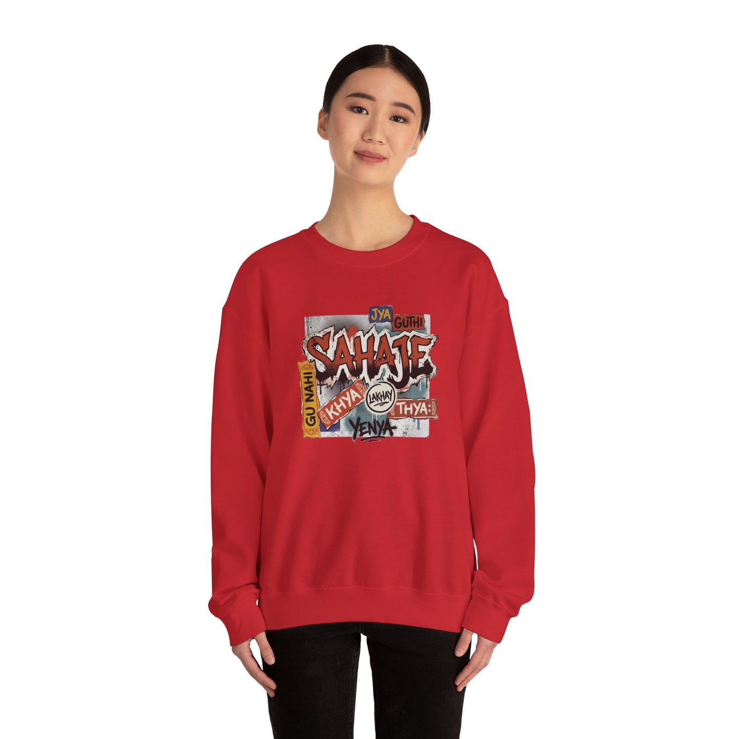 Crewneck Sweatshirt — 'Sahaje' Vintage Sticker Collage Graphic