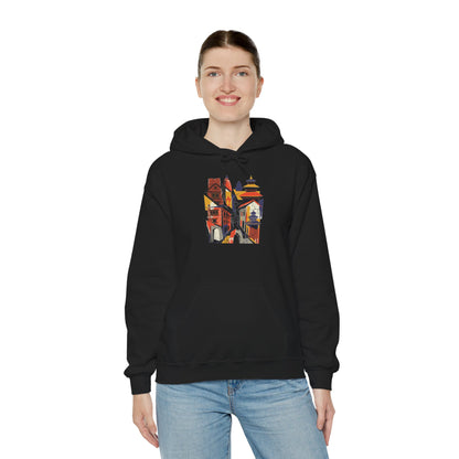 Cityscape Collage Hoodie — Colorful Urban Architecture Graphic Hoodie