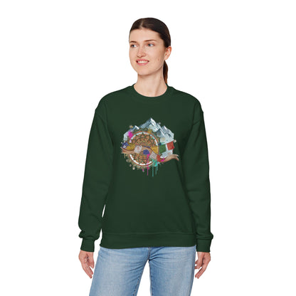 Adventure Mountain Crewneck Sweatshirt — Colorful Hiking Compass & Peaks Design