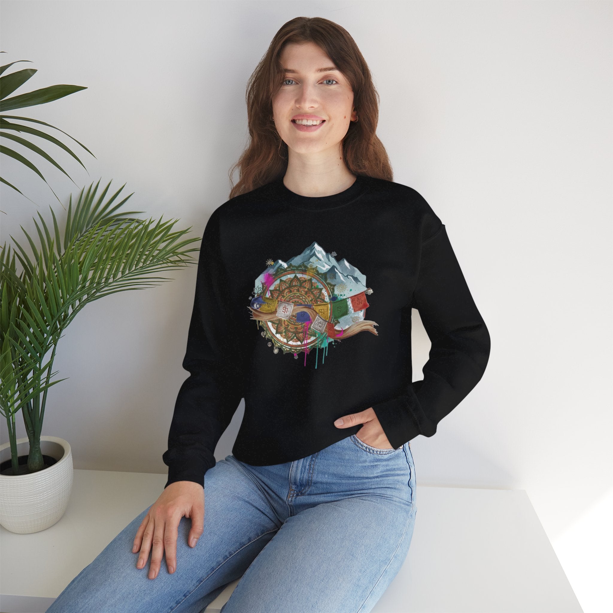 Adventure Mountain Crewneck Sweatshirt — Colorful Hiking Compass & Peaks Design