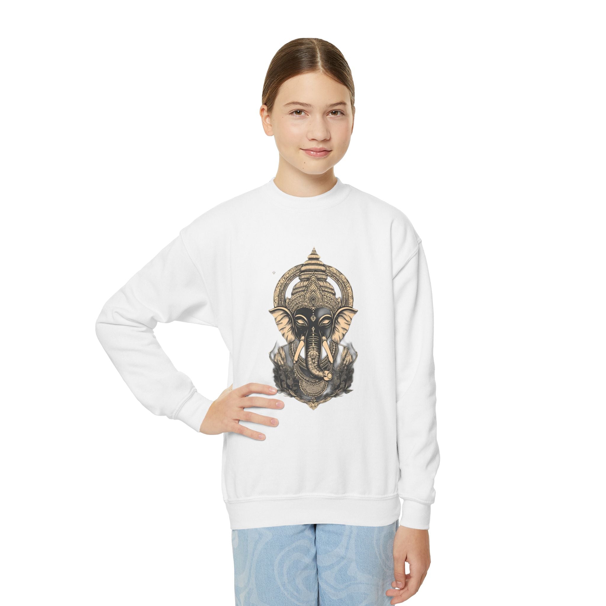 Ganesha Elephant Graphic Crewneck Sweatshirt — Youth Spiritual/Boho Kids Pullover