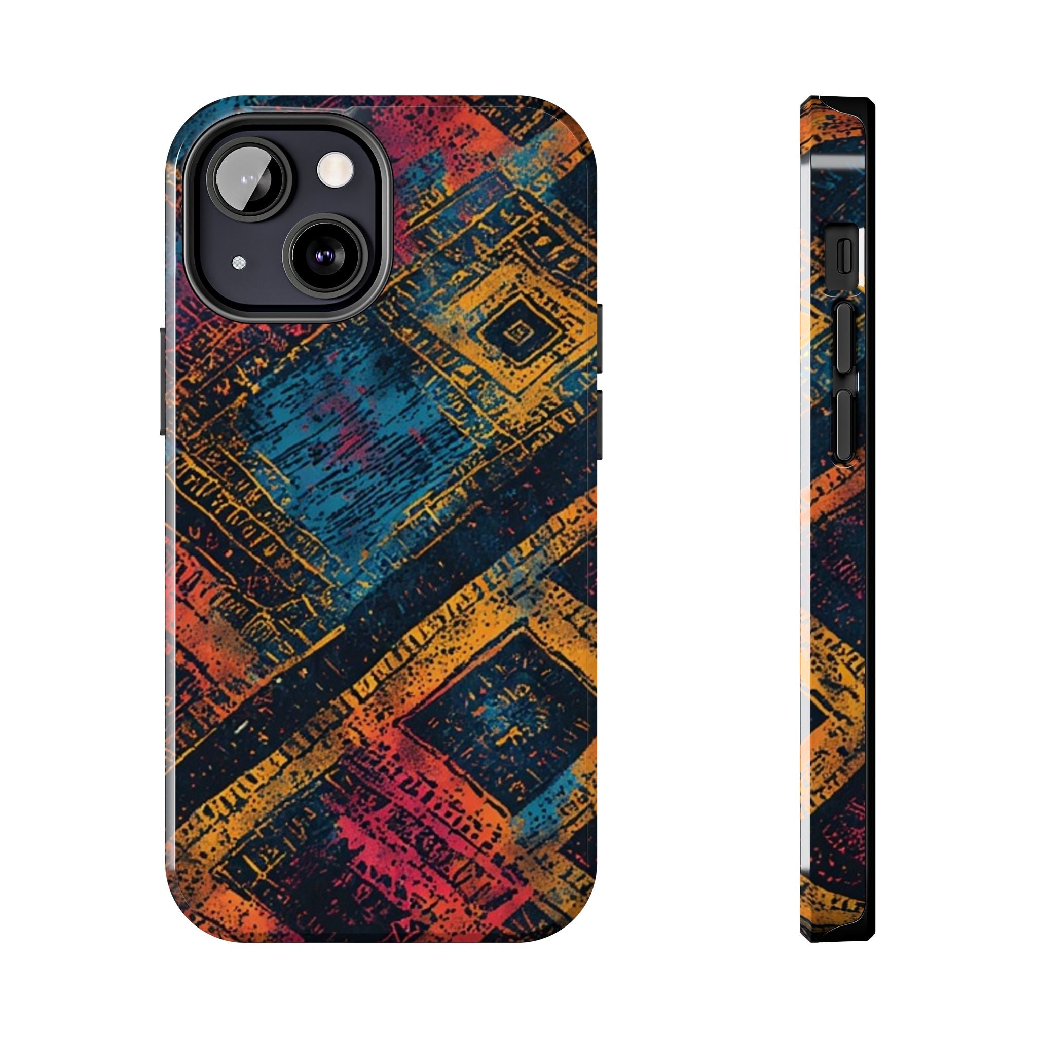 Tough Phone Case – Abstract Rustic Geometric Design (Blue, Orange, Magenta)