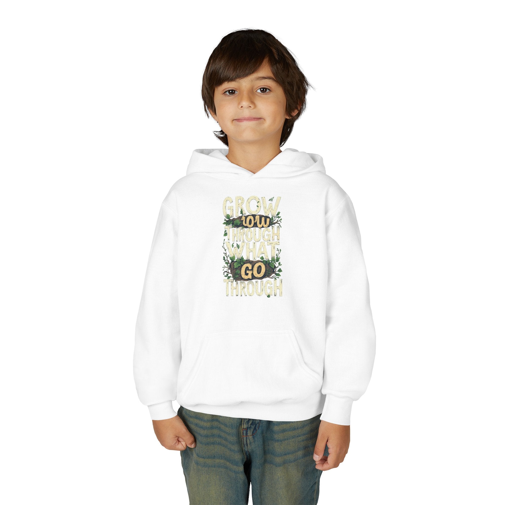 Youth Hoodie — 'Grow Slow, Go Through' Floral Motivational Hooded Sweatshirt