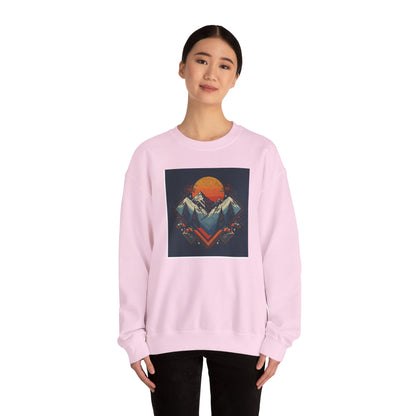 Mountain Sunset Crewneck Sweatshirt — Retro Geometric Peaks Graphic