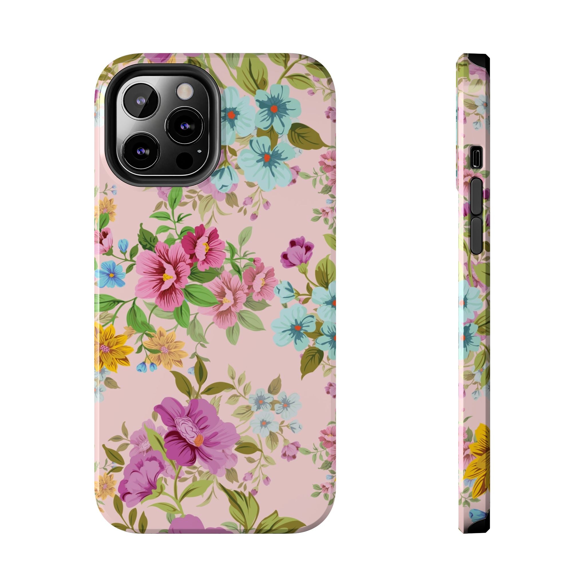 Floral Vintage Tough Phone Case — Pink Rose & Blue Blossom Protective Cover