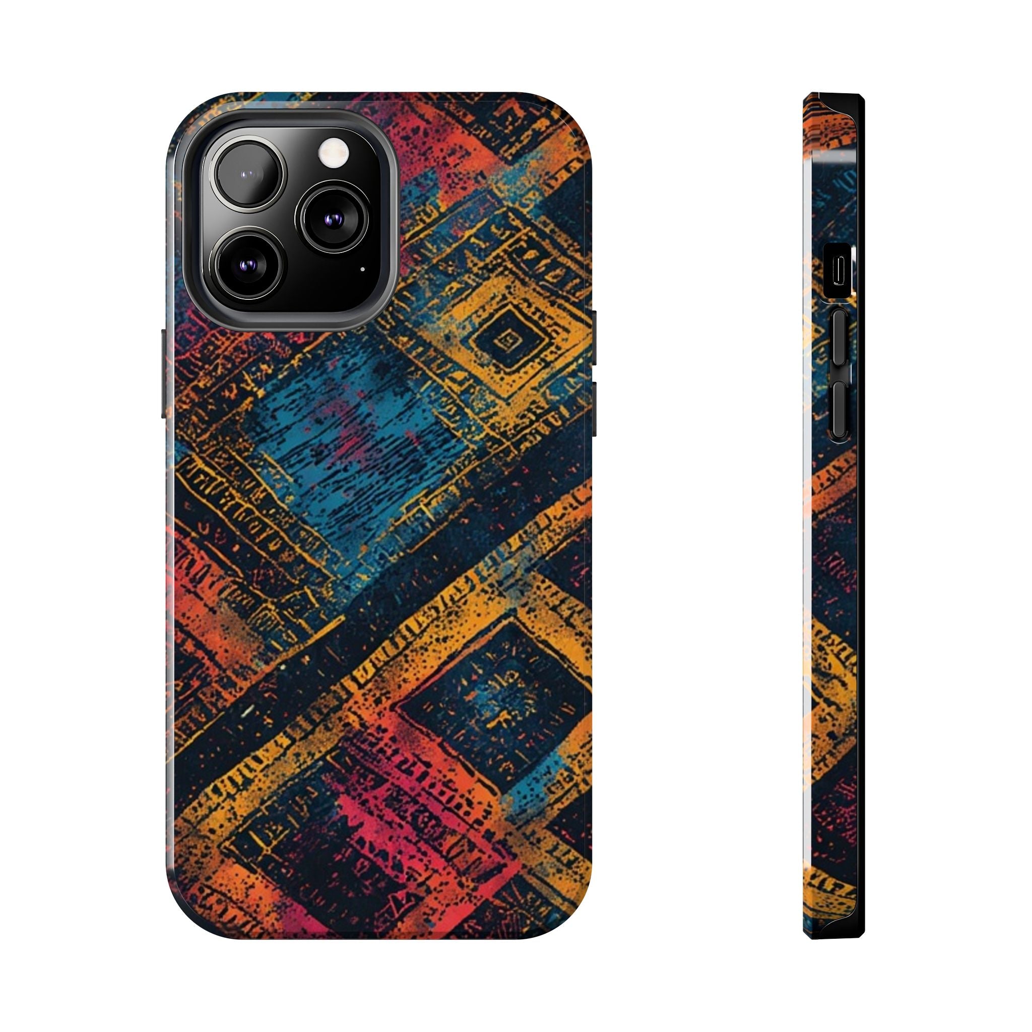 Tough Phone Case – Abstract Rustic Geometric Design (Blue, Orange, Magenta)