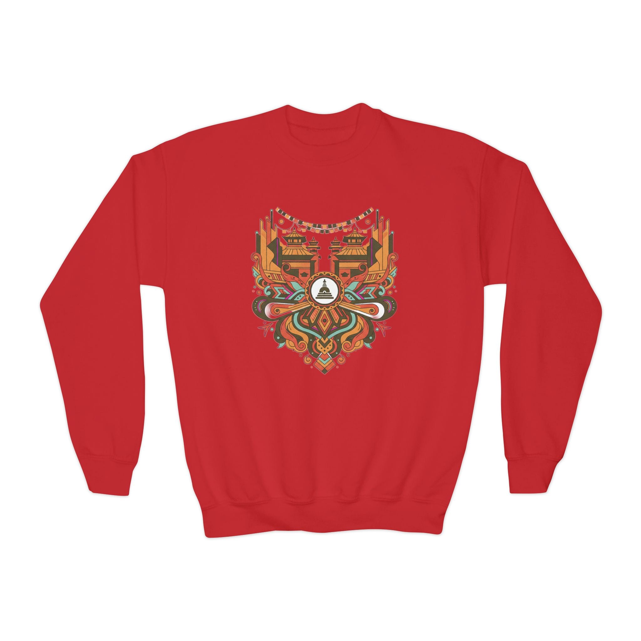 Youth Crewneck Sweatshirt — Retro Boho Fox Mask Graphic (Autumn Colors)