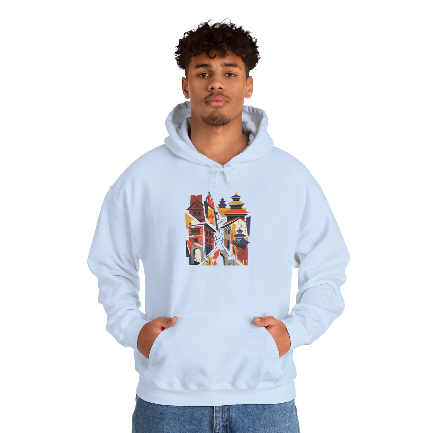 Cityscape Collage Hoodie — Colorful Urban Architecture Graphic Hoodie