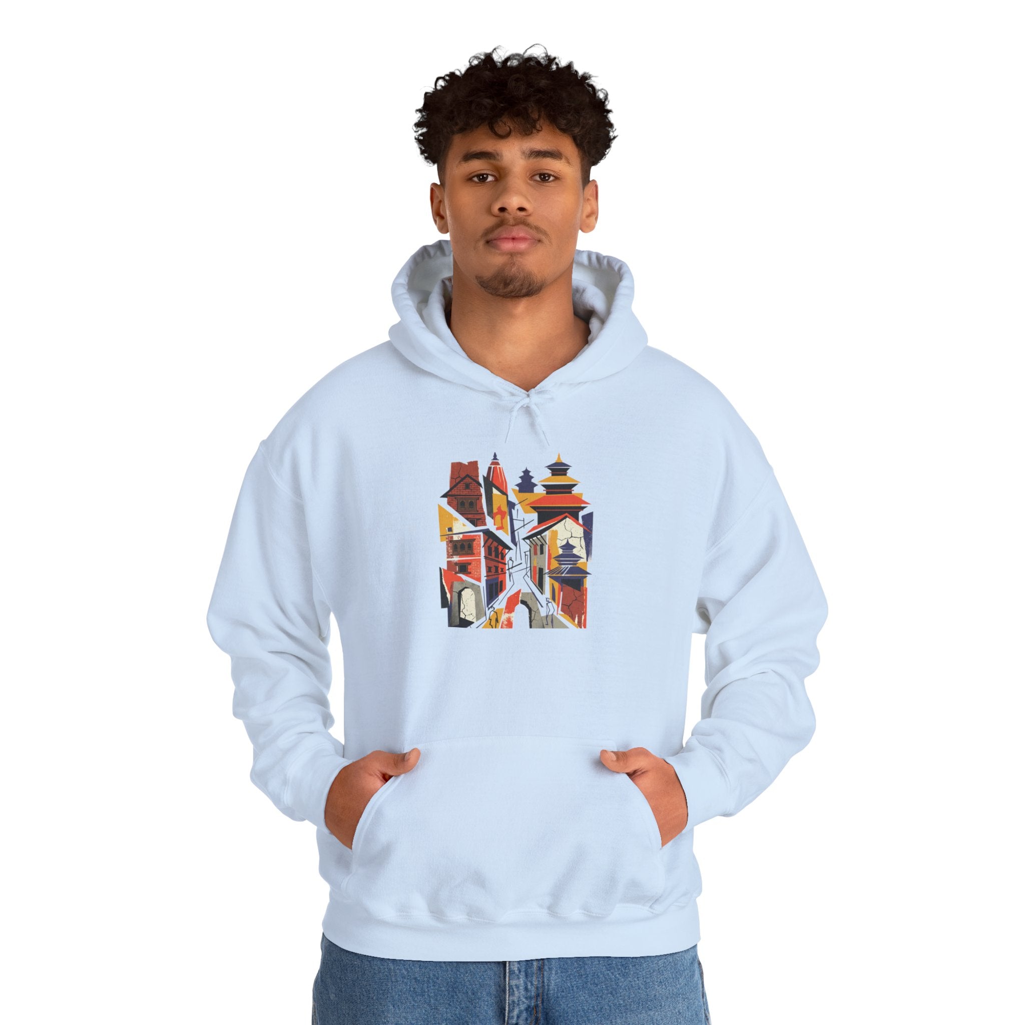 Cityscape Collage Hoodie — Colorful Urban Architecture Graphic Hoodie
