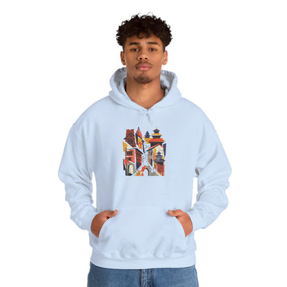 Cityscape Collage Hoodie — Colorful Urban Architecture Graphic Hoodie