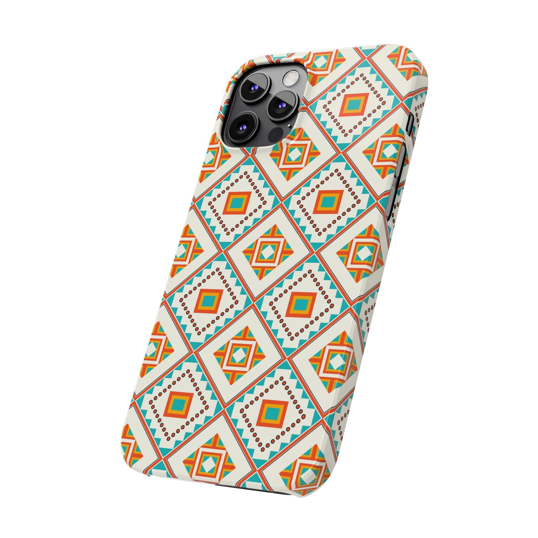 Slim Phone Case — Retro Geometric Tile Pattern (Turquoise & Orange)