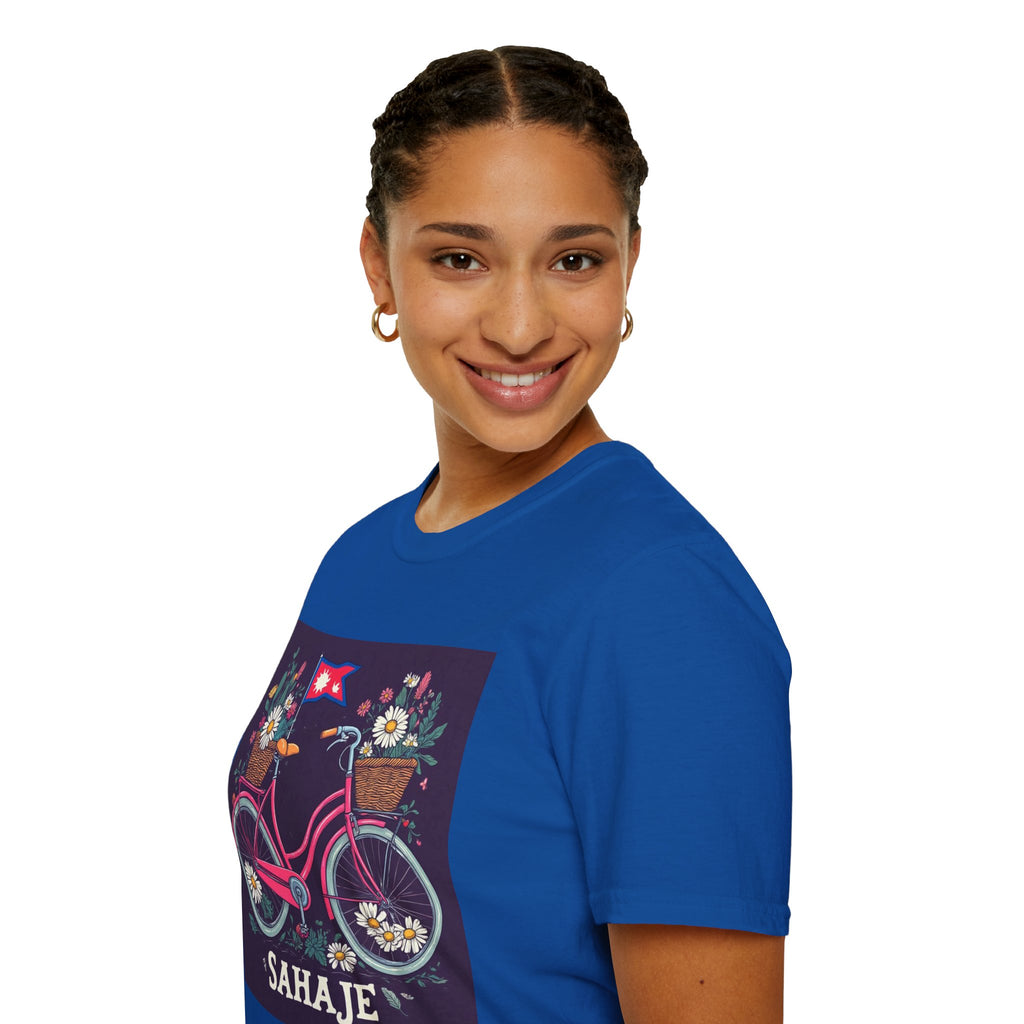 Bicycle Floral T-Shirt – Pink Bike with Baskets & "Sahaje" Text