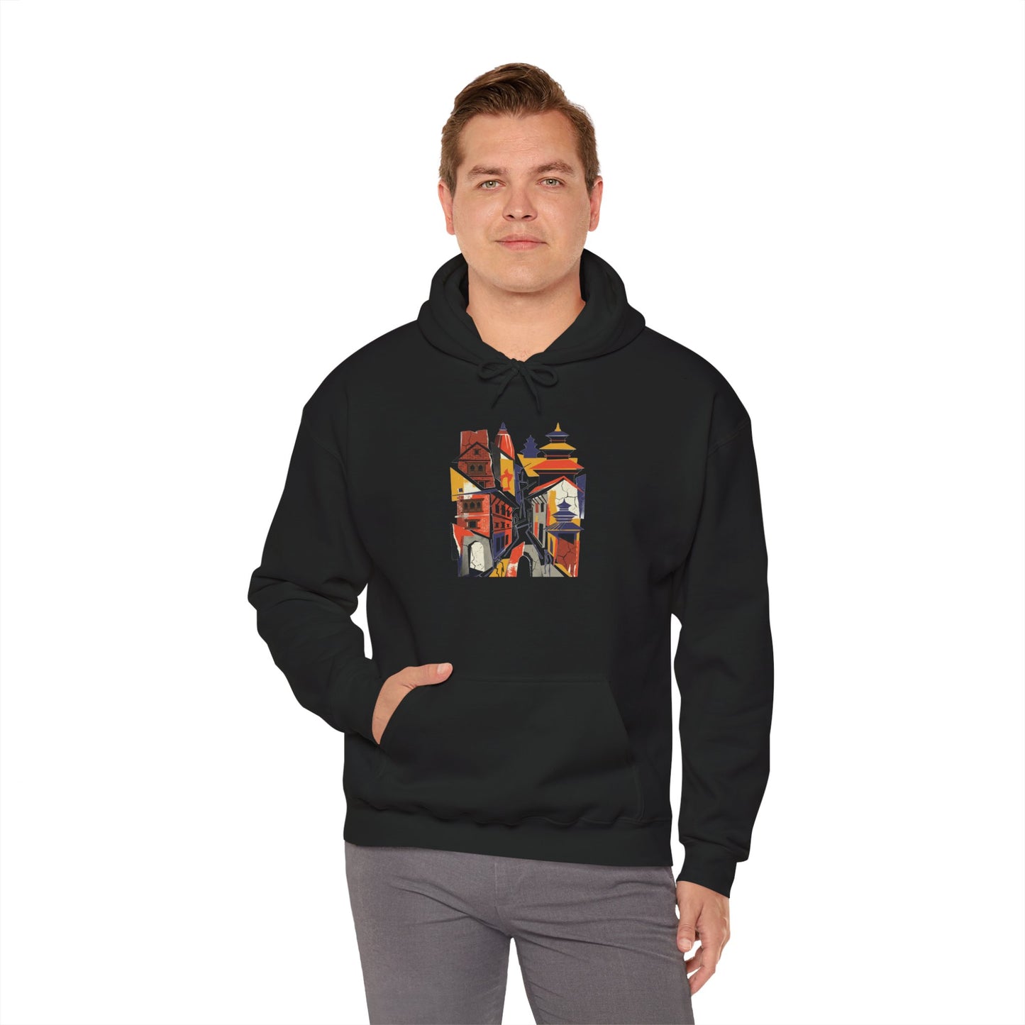 Cityscape Collage Hoodie — Colorful Urban Architecture Graphic Hoodie