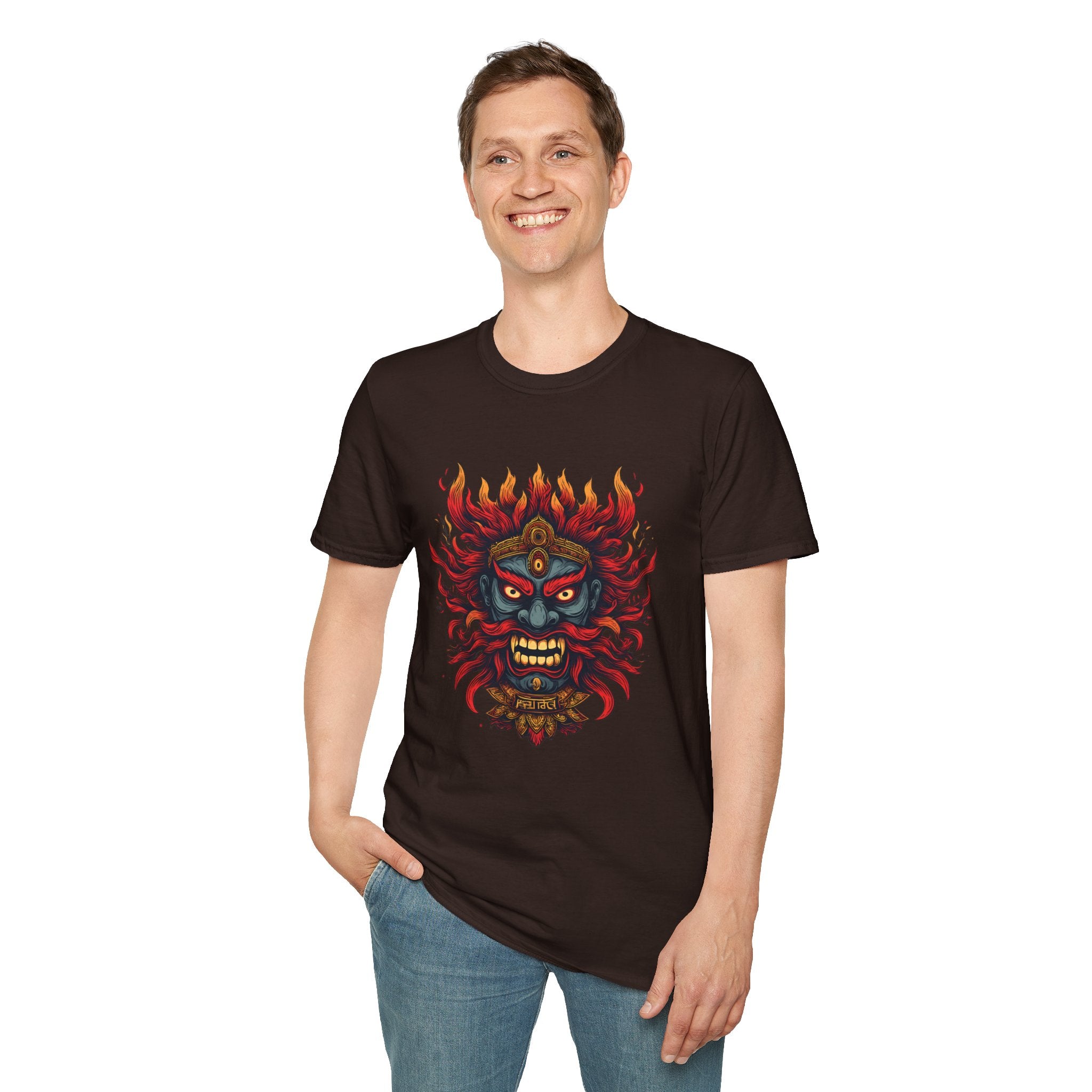 Flaming Demon Mask T-Shirt — Fierce Tattoo-Style Graphic Tee