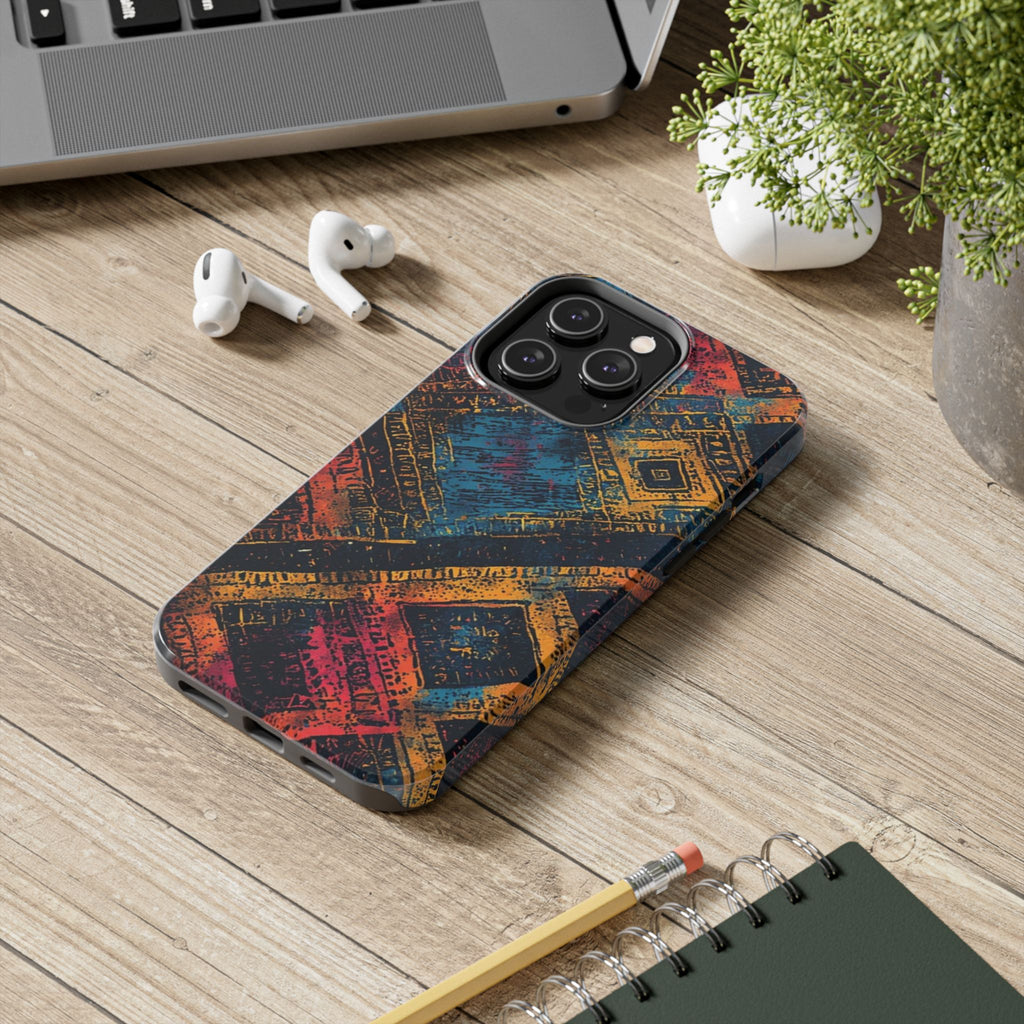 Tough Phone Case – Abstract Rustic Geometric Design (Blue, Orange, Magenta)