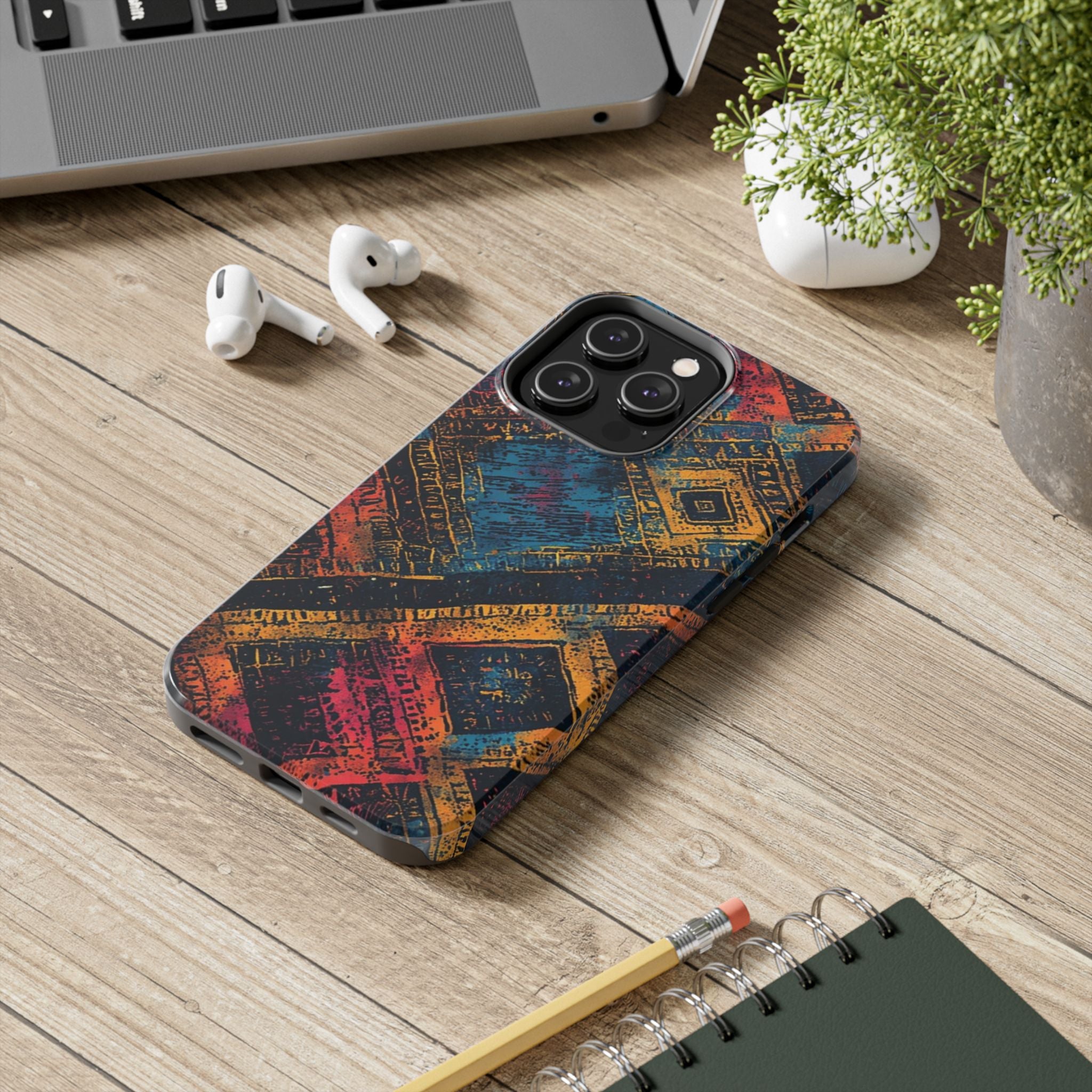 Tough Phone Case – Abstract Rustic Geometric Design (Blue, Orange, Magenta)