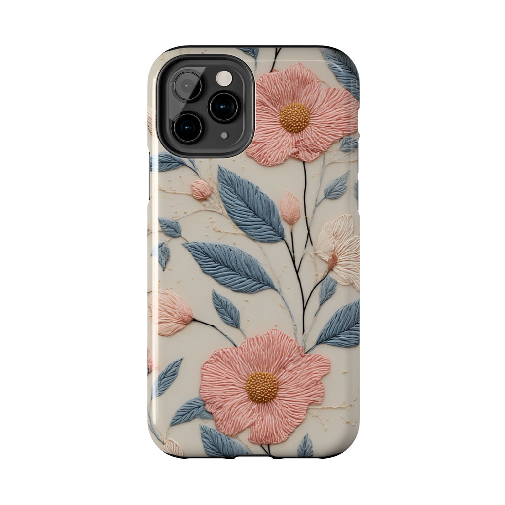 Floral Embroidered Tough Phone Case — Pink Blossom Protective Phone Cover