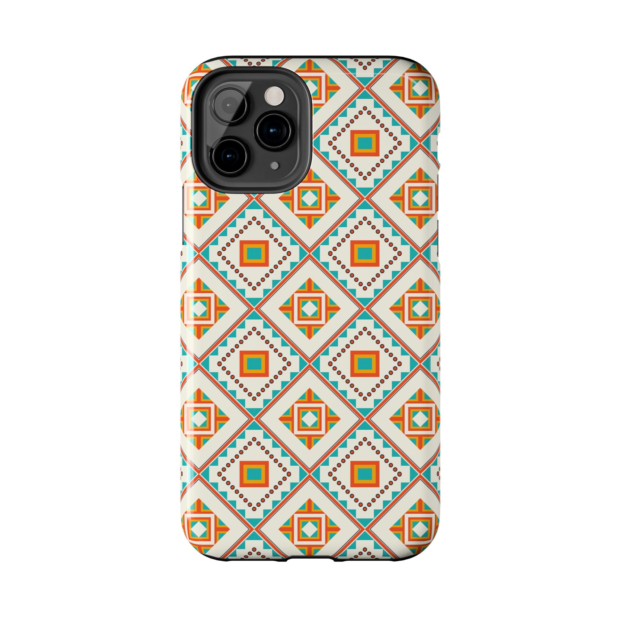Tough Phone Case — Geometric Retro Tile Pattern, Orange & Teal Protective Cover