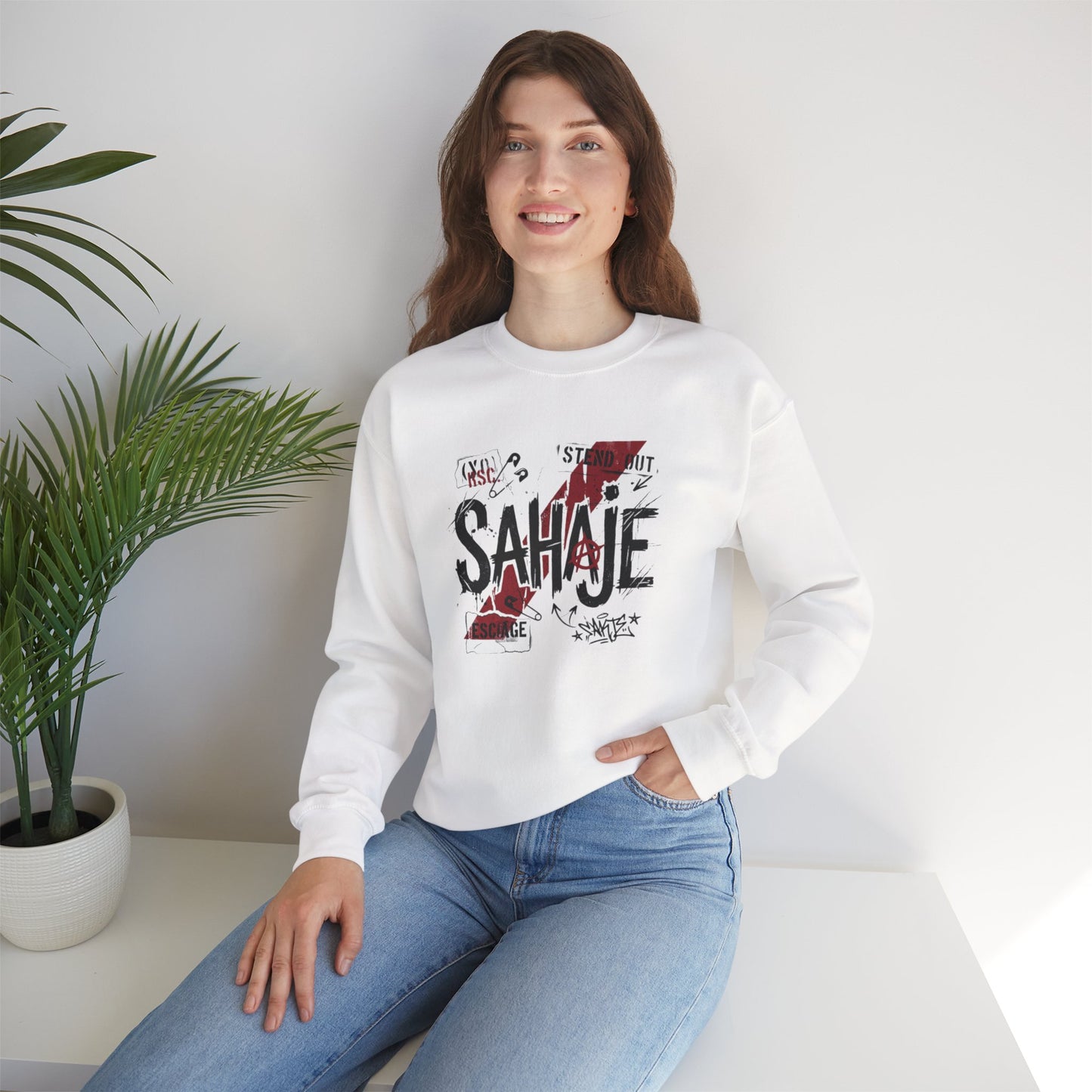 Crewneck Sweatshirt — 'Sahaje' Distressed Script Graphic