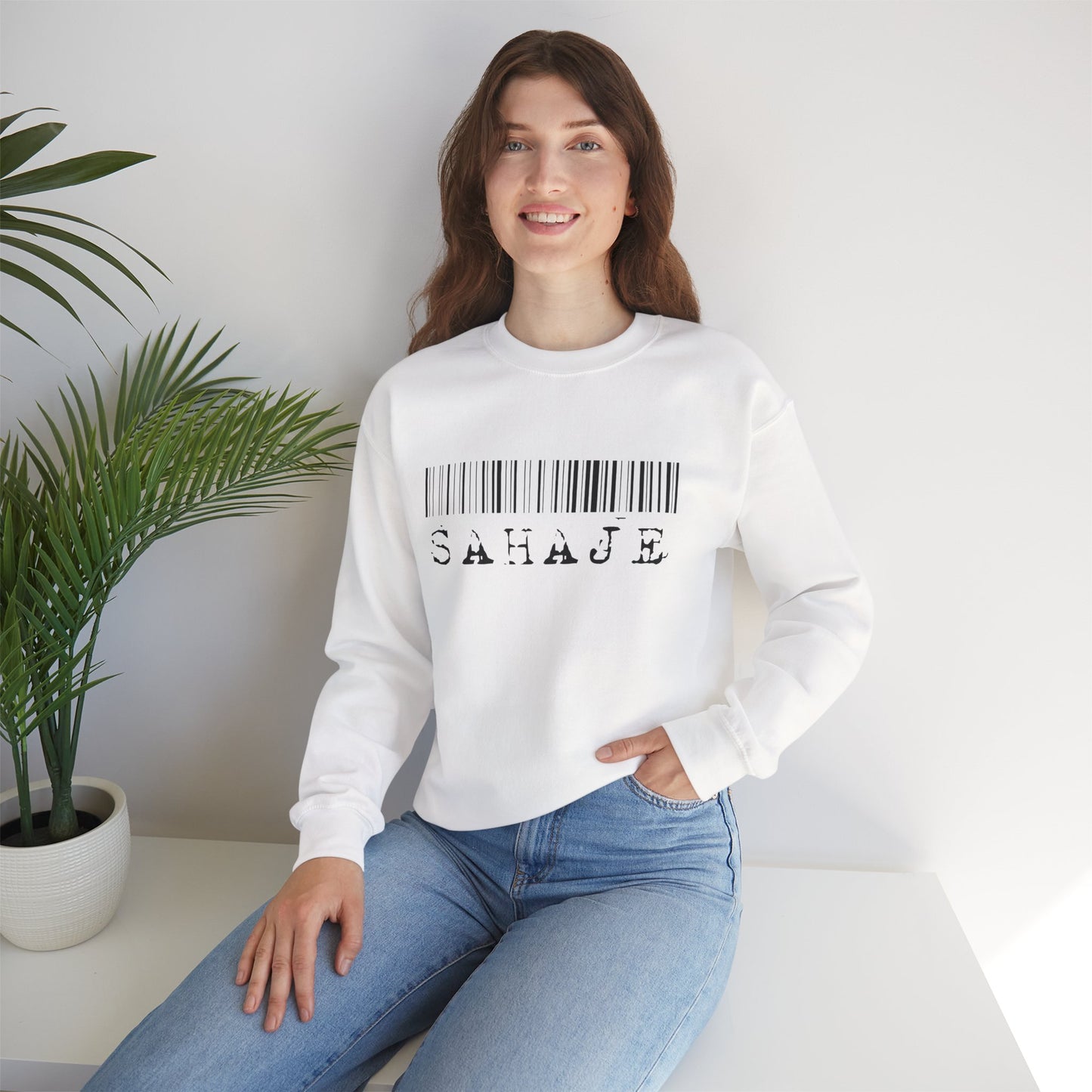 Sahaje Barcode Crewneck Sweatshirt — Minimalist White Graphic Pullover