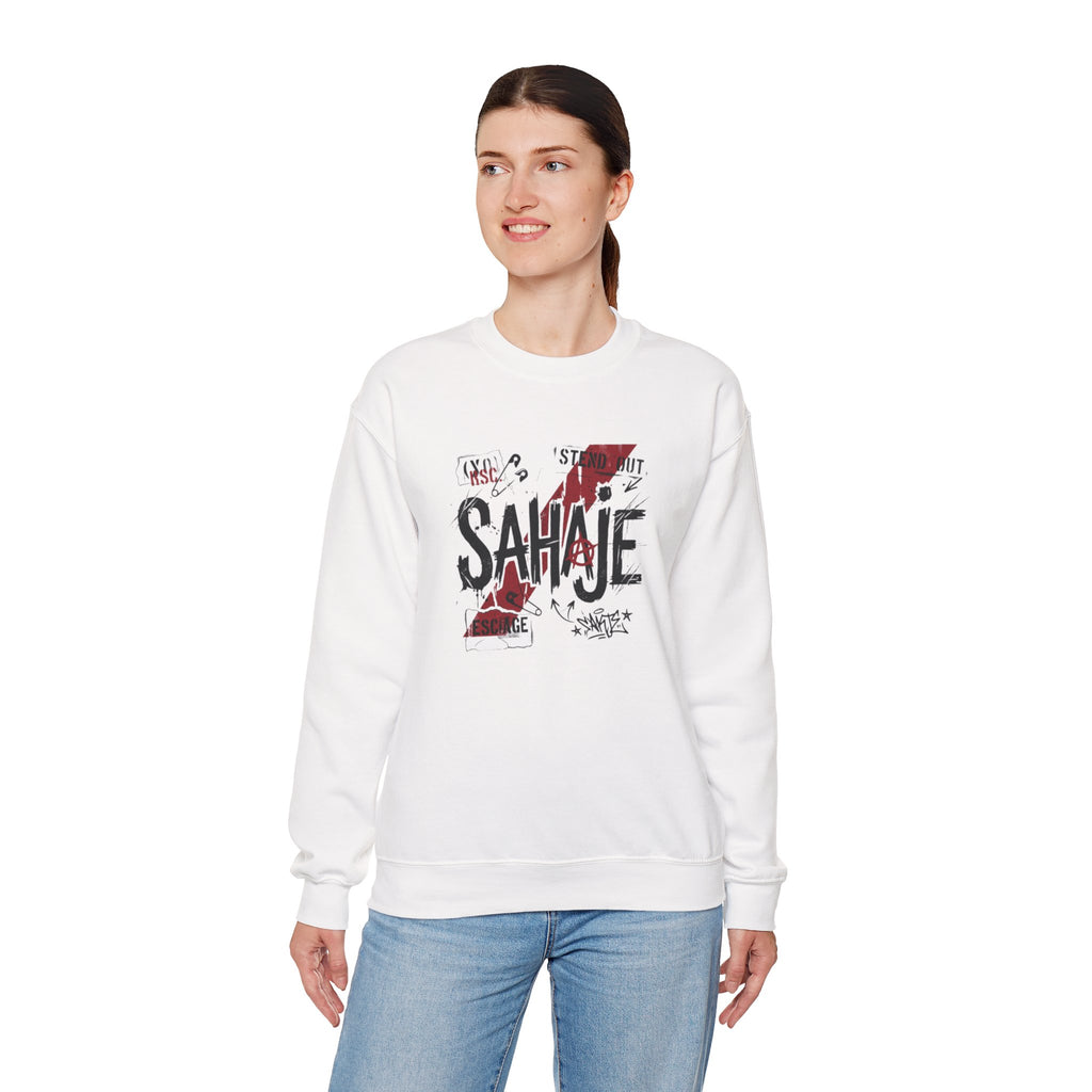 Crewneck Sweatshirt — 'Sahaje' Distressed Script Graphic