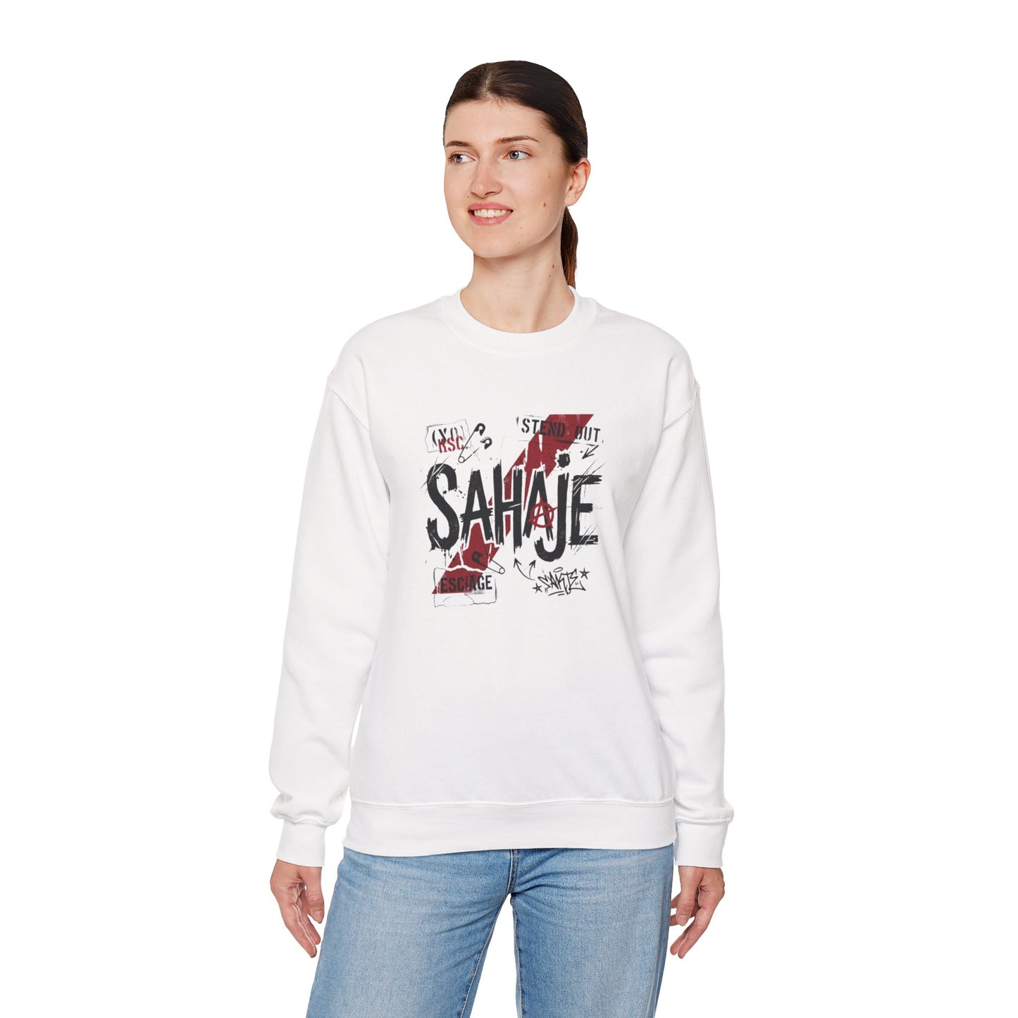 Crewneck Sweatshirt — 'Sahaje' Distressed Script Graphic