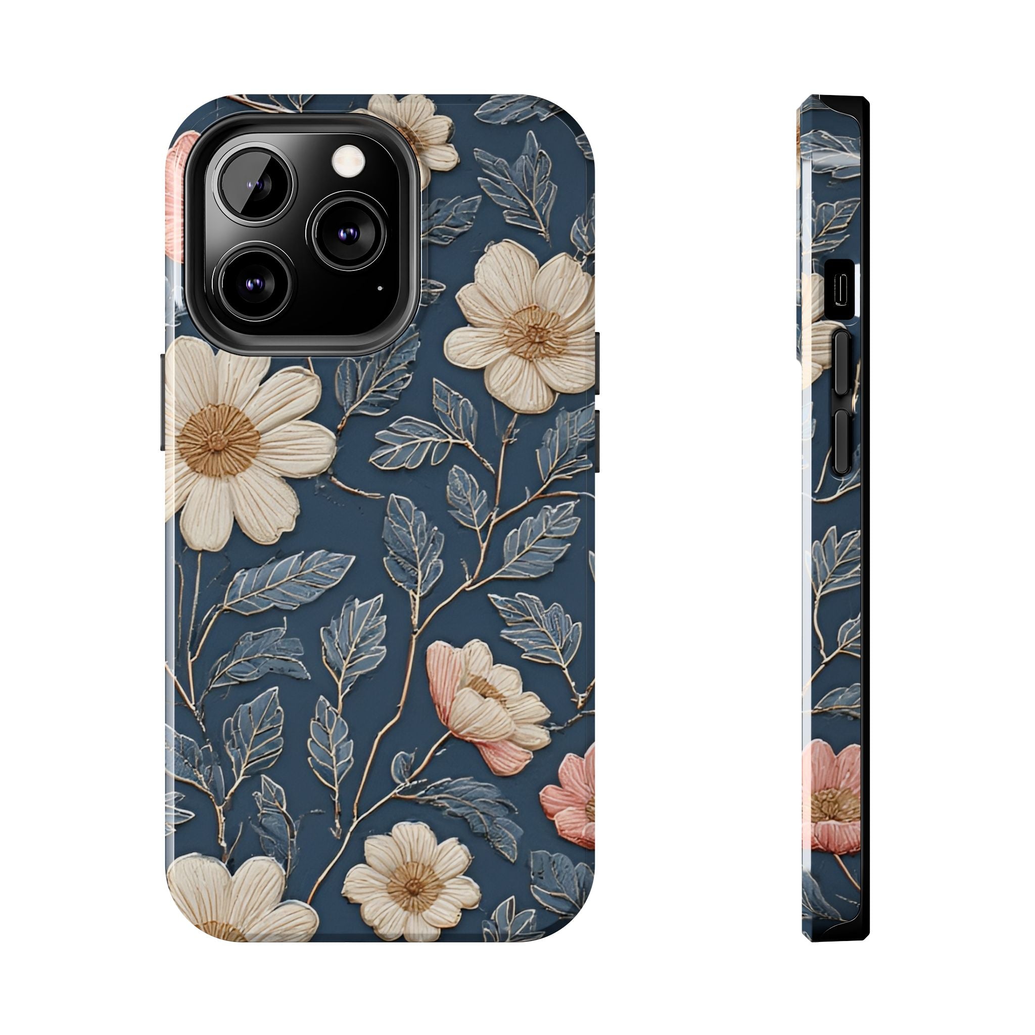 Floral Tough Phone Case — Vintage Blue Daisy Protective Cover