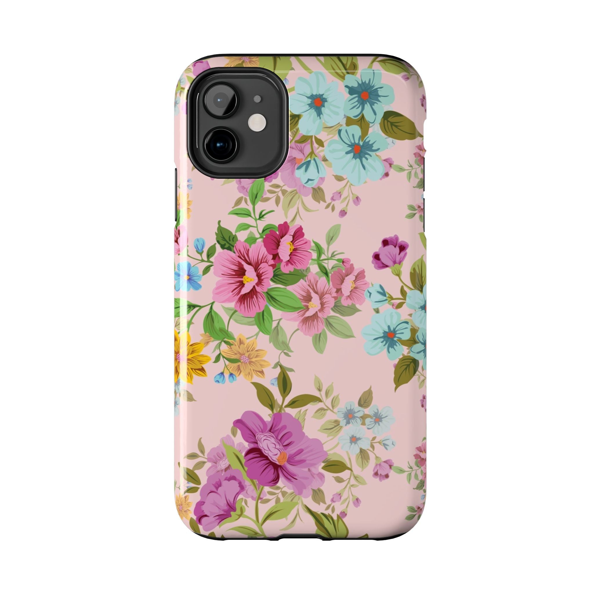 Floral Vintage Tough Phone Case — Pink Rose & Blue Blossom Protective Cover