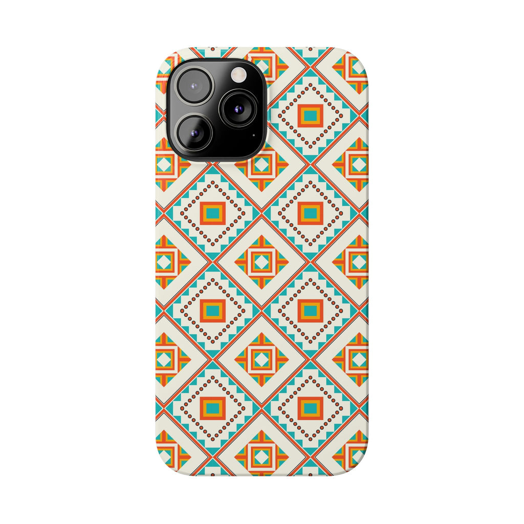 Slim Phone Case — Retro Geometric Tile Pattern (Turquoise & Orange)