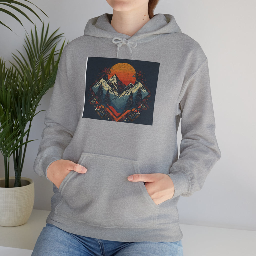 Mountain Sunset Hoodie – Retro Geometric Peaks & Rising Sun Sweatshirt