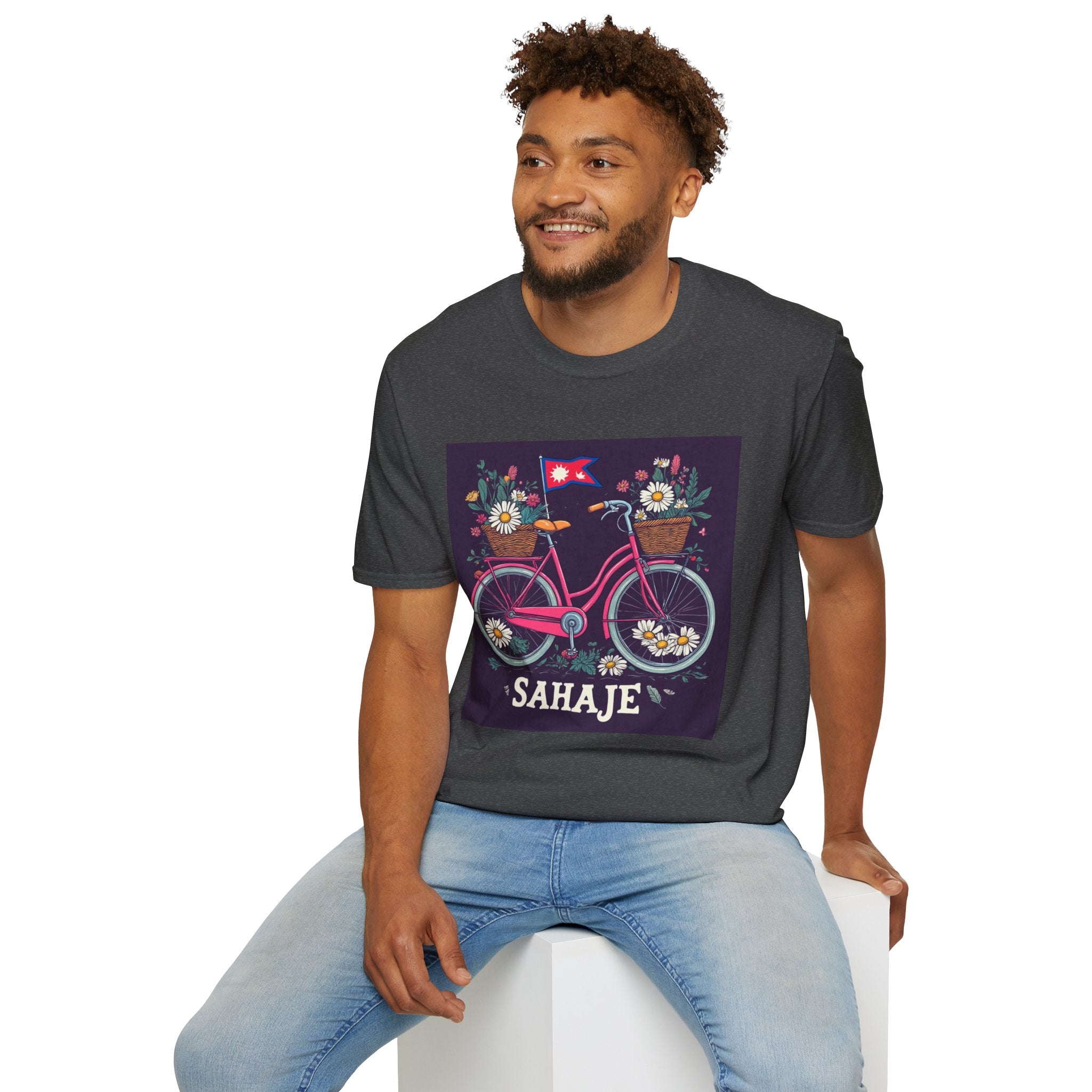 Bicycle Floral T-Shirt – Pink Bike with Baskets & "Sahaje" Text
