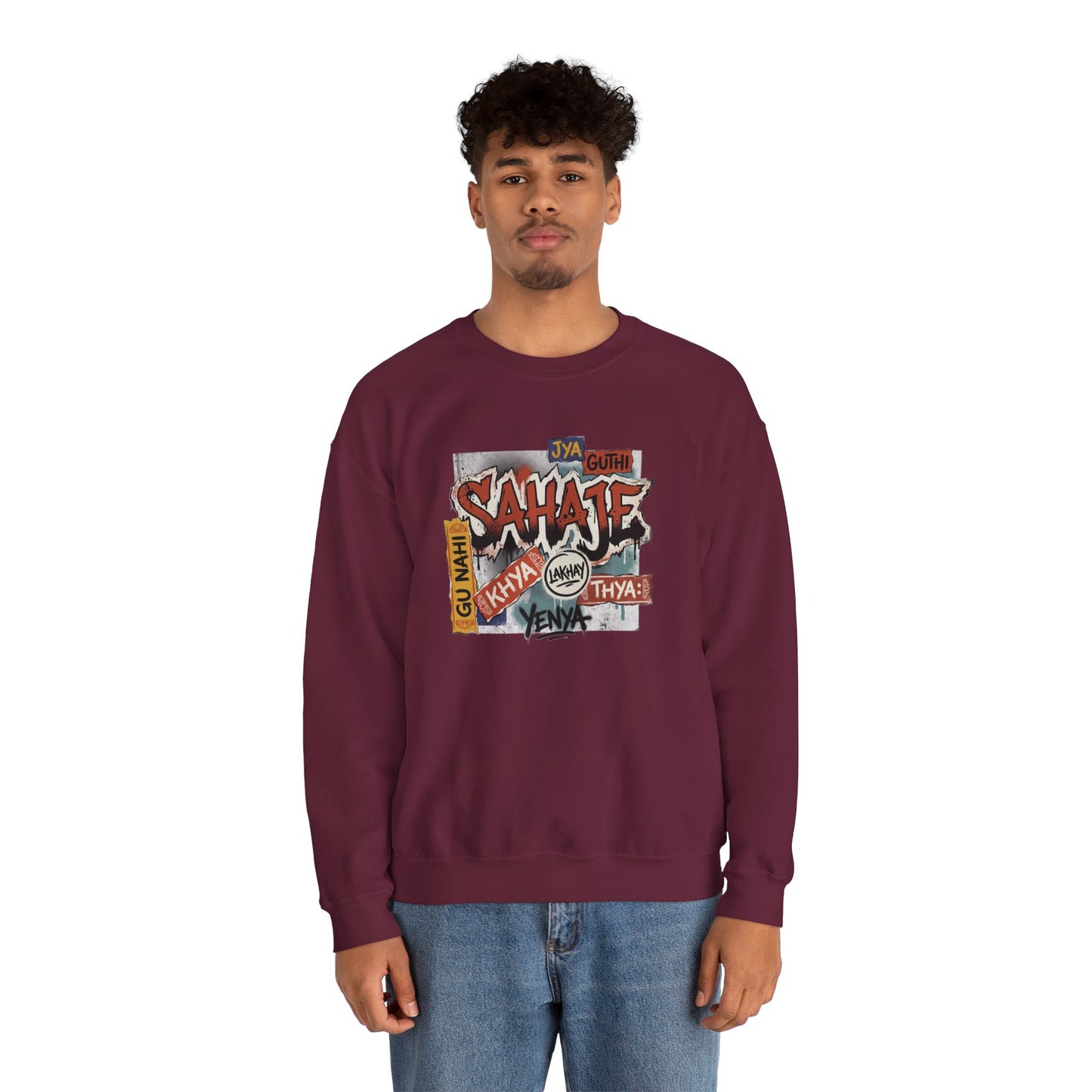 Crewneck Sweatshirt — 'Sahaje' Vintage Sticker Collage Graphic