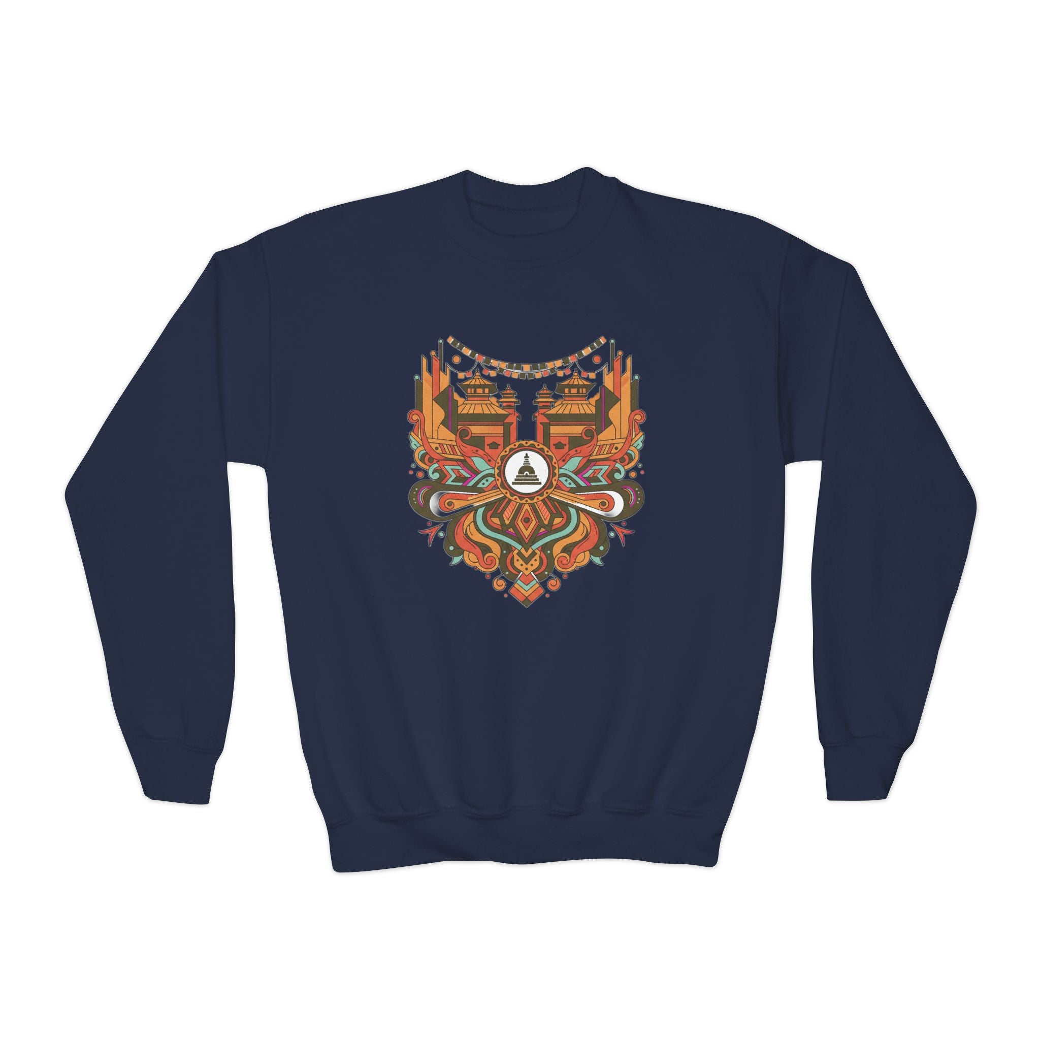 Youth Crewneck Sweatshirt — Retro Boho Fox Mask Graphic (Autumn Colors)