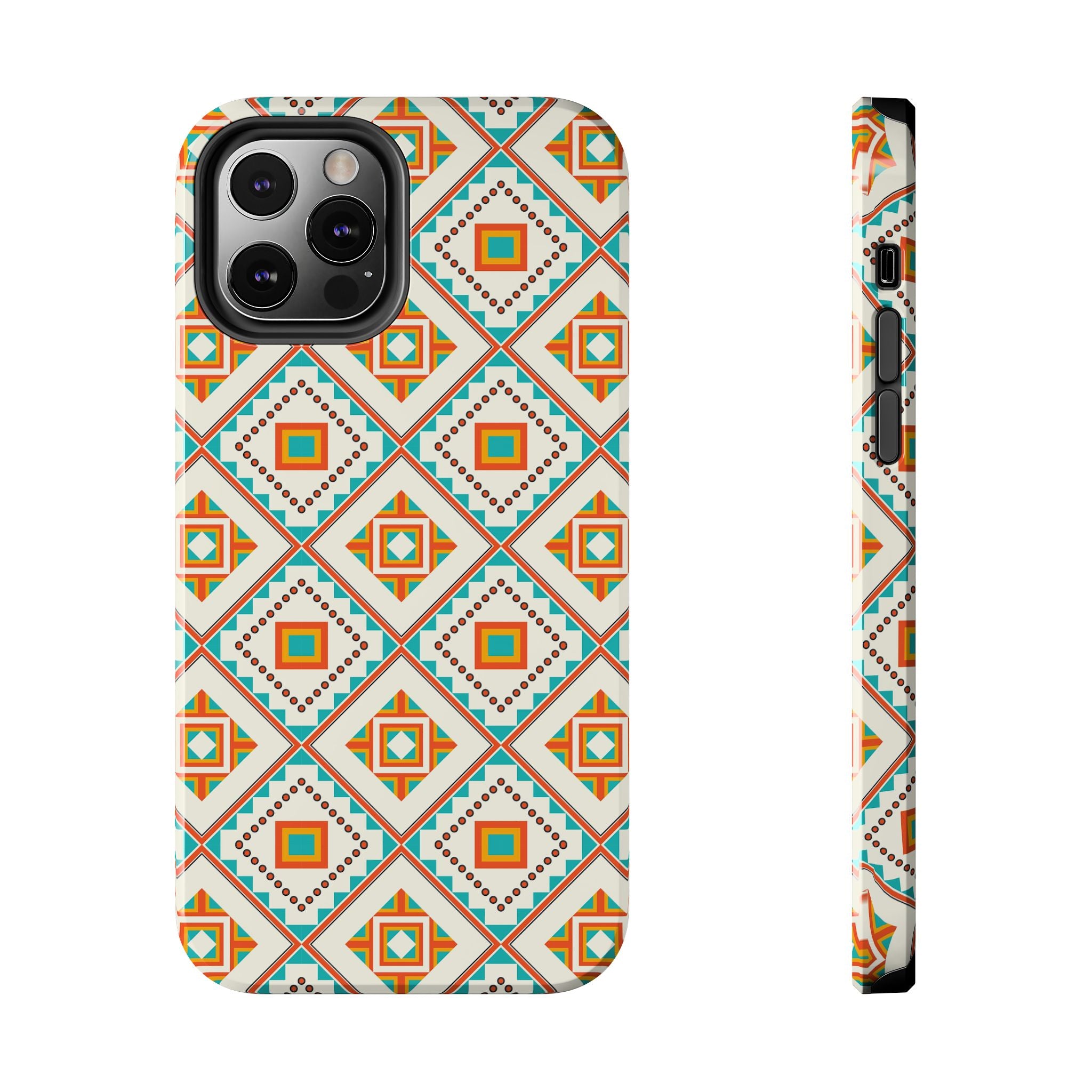 Tough Phone Case — Geometric Retro Tile Pattern, Orange & Teal Protective Cover
