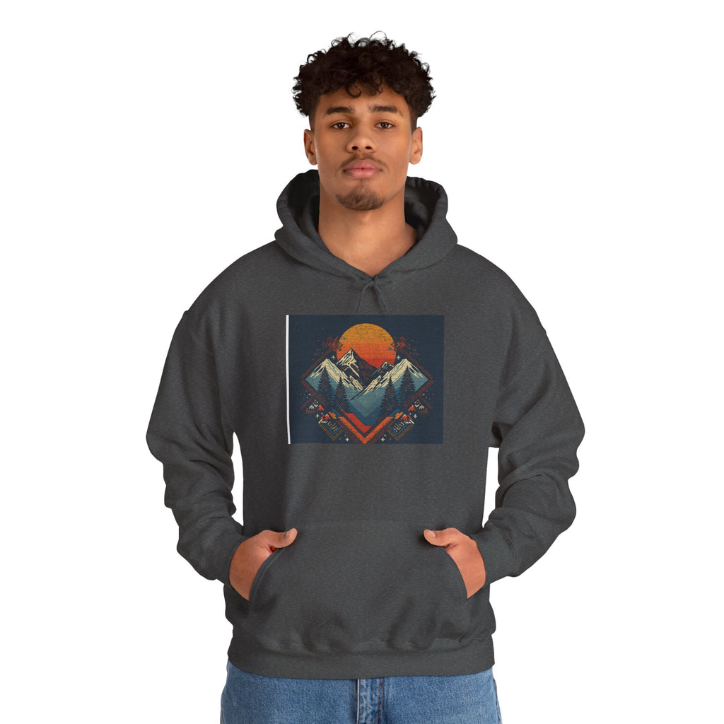 Mountain Sunset Hoodie – Retro Geometric Peaks & Rising Sun Sweatshirt