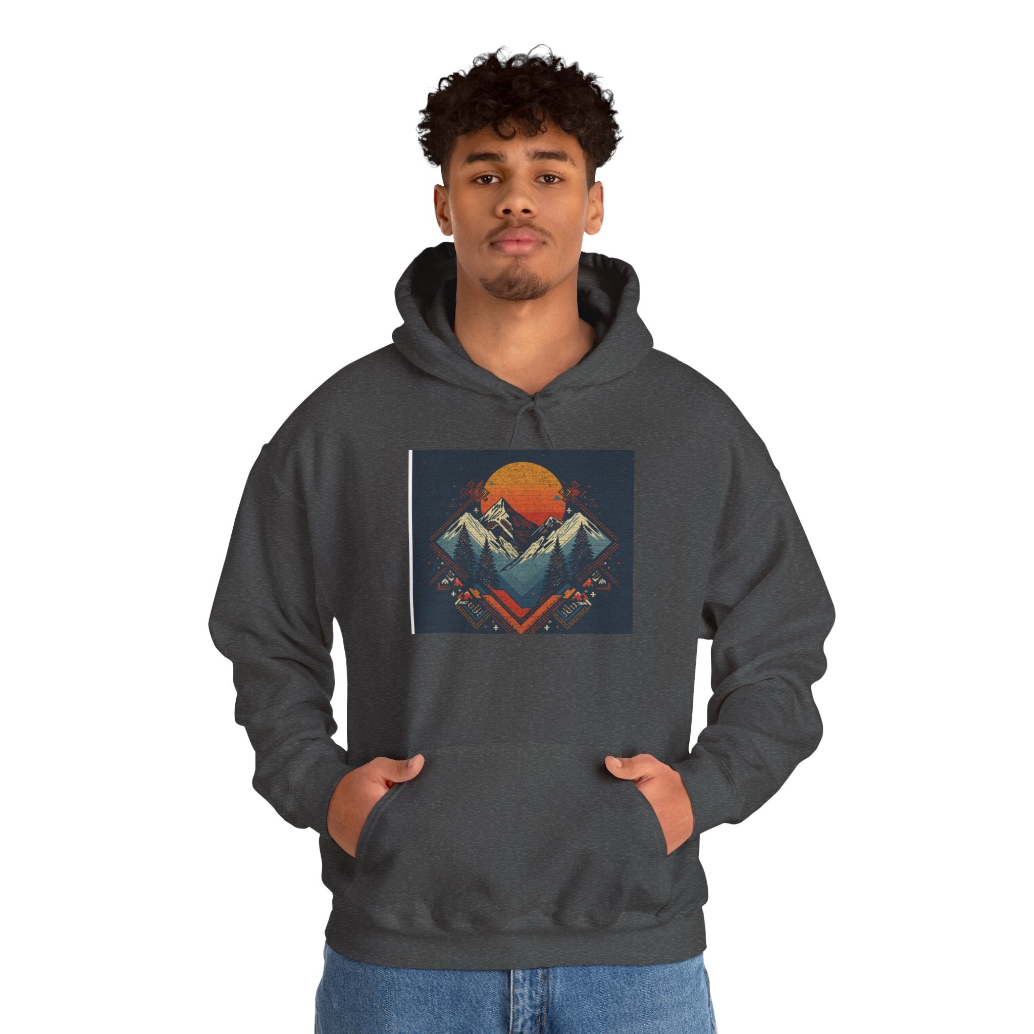 Mountain Sunset Hoodie – Retro Geometric Peaks & Rising Sun Sweatshirt