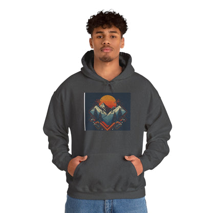 Mountain Sunset Hoodie – Retro Geometric Peaks & Rising Sun Sweatshirt