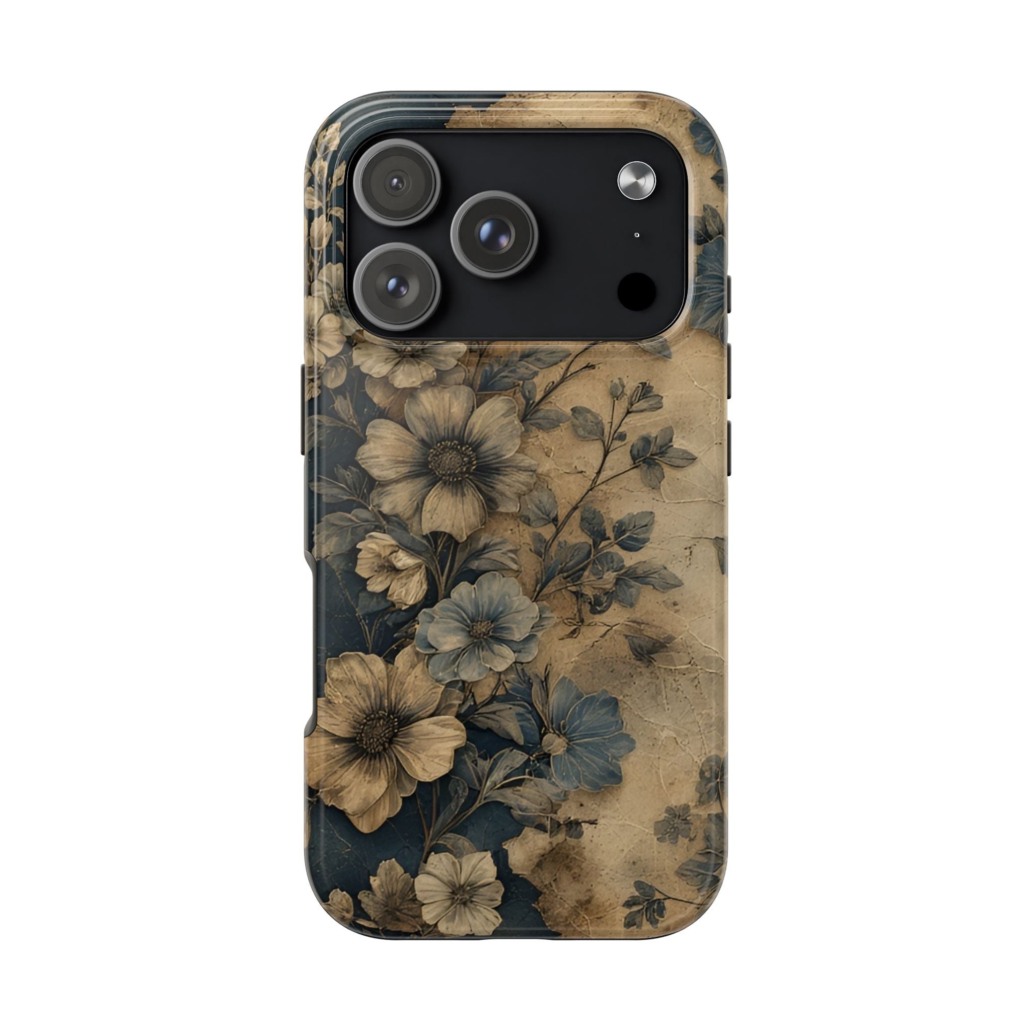 Vintage Floral Tough Phone Case — Antique Beige & Navy Protective Cover