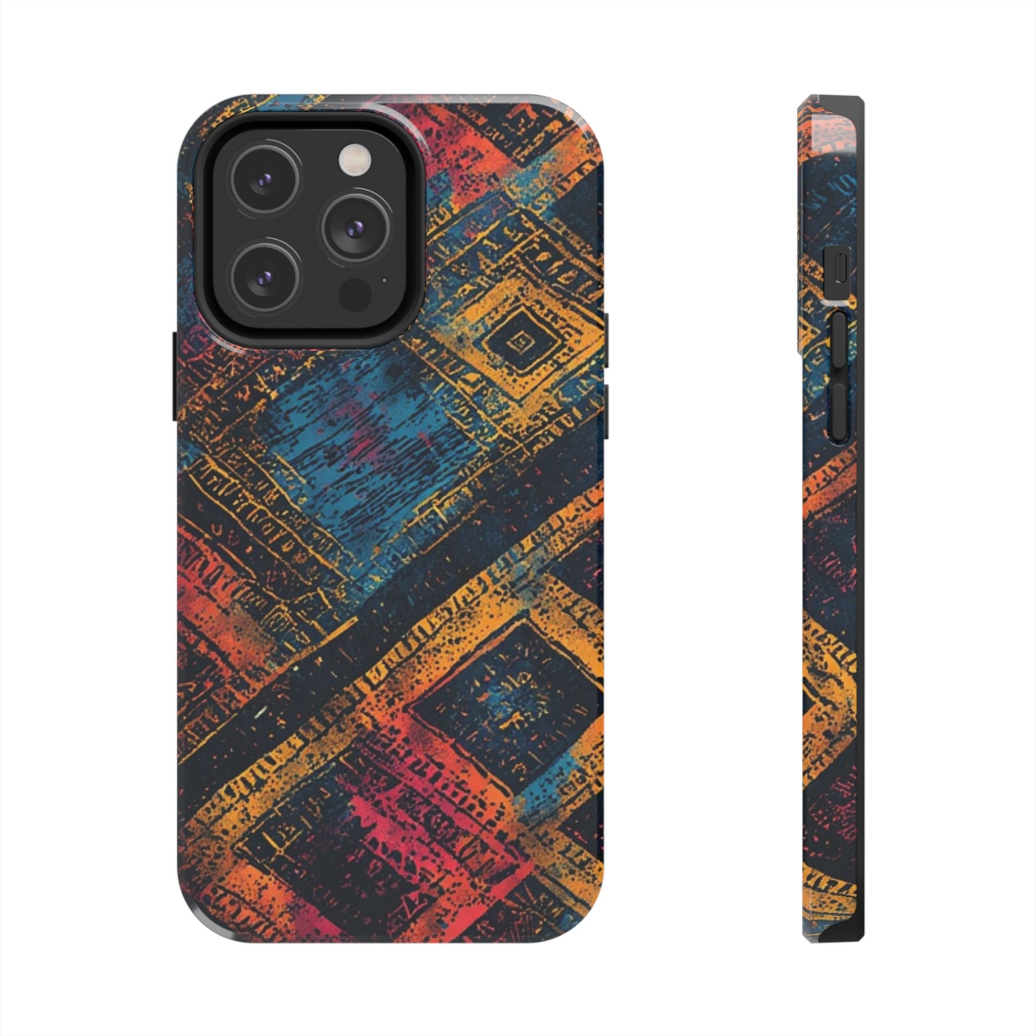 Tough Phone Case – Abstract Rustic Geometric Design (Blue, Orange, Magenta)