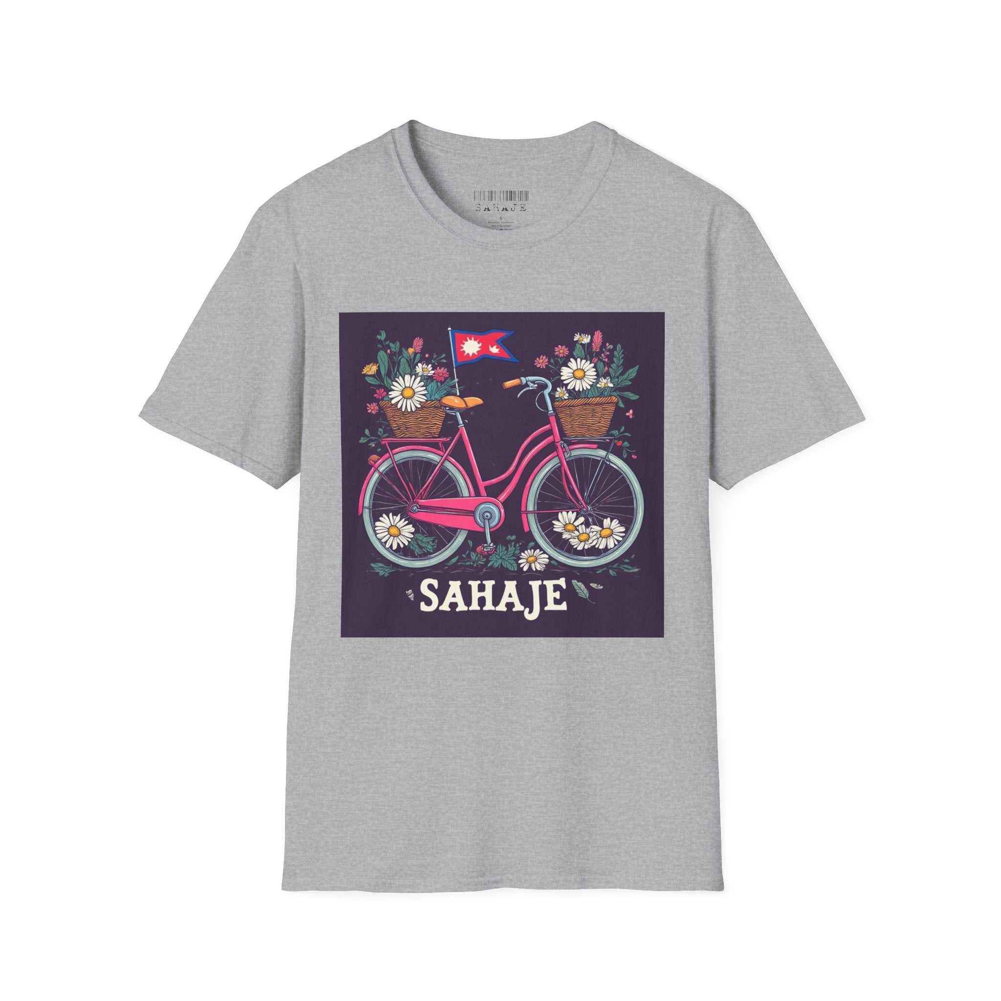 Bicycle Floral T-Shirt – Pink Bike with Baskets & "Sahaje" Text