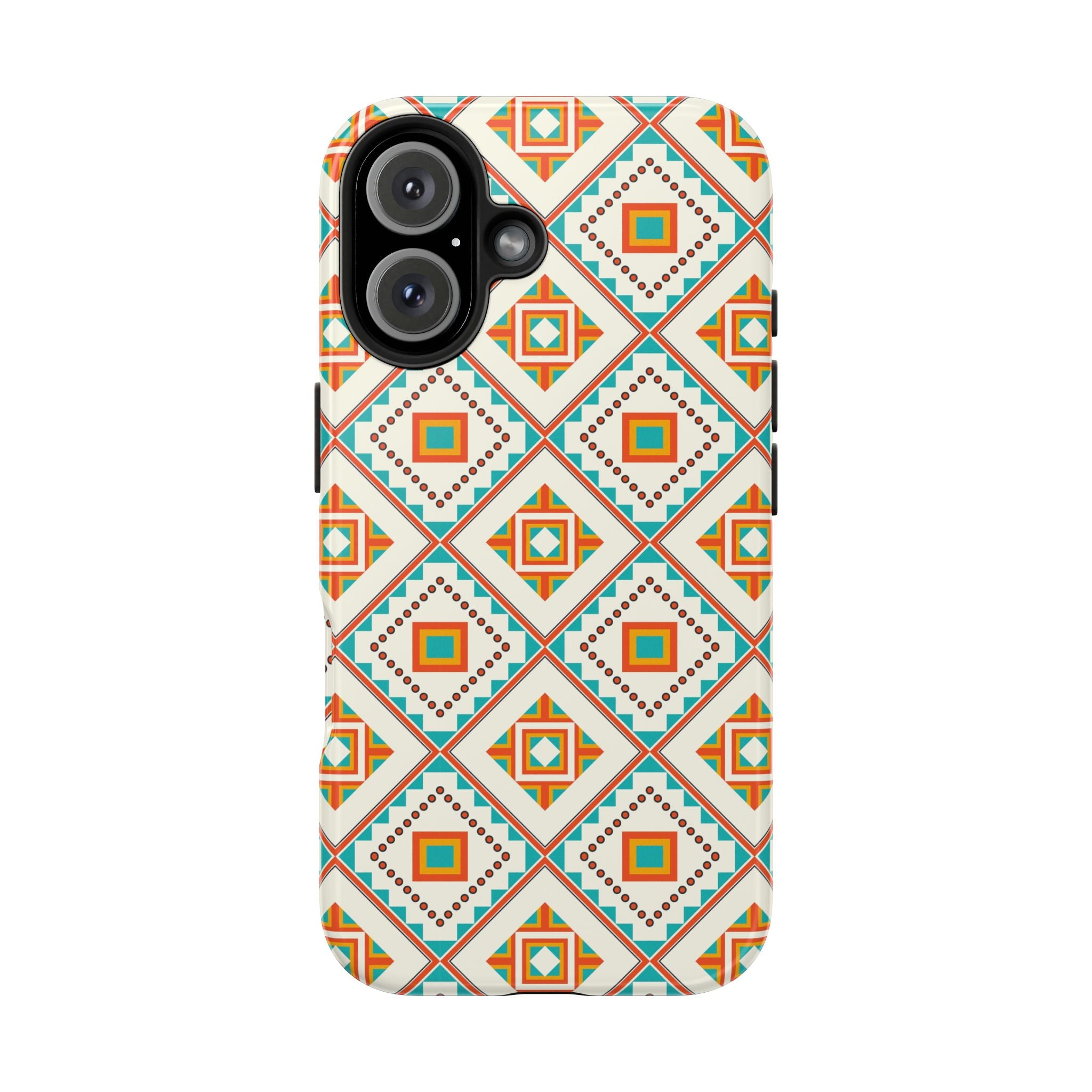 Tough Phone Case — Geometric Retro Tile Pattern, Orange & Teal Protective Cover