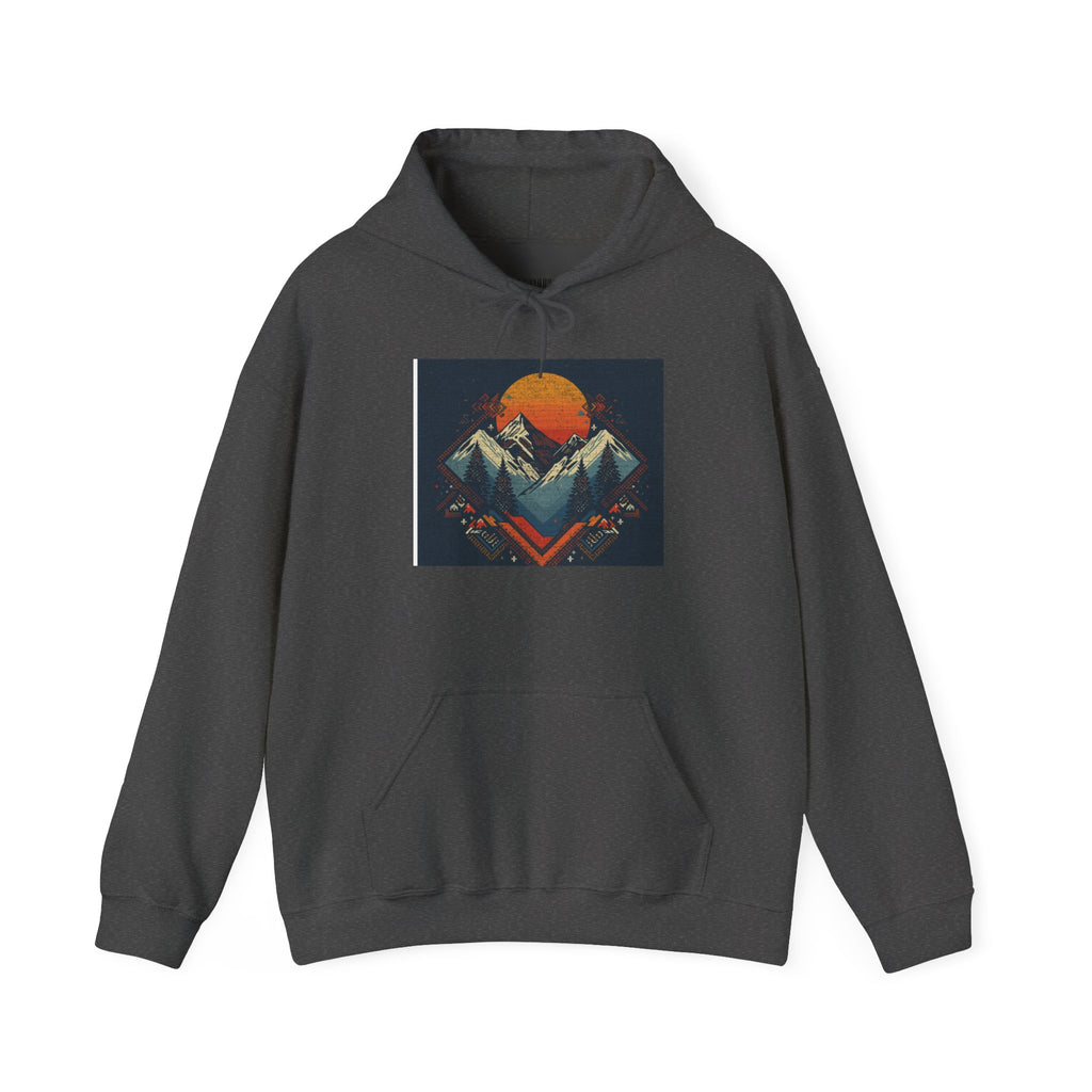 Mountain Sunset Hoodie – Retro Geometric Peaks & Rising Sun Sweatshirt
