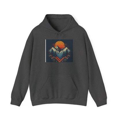 Mountain Sunset Hoodie – Retro Geometric Peaks & Rising Sun Sweatshirt