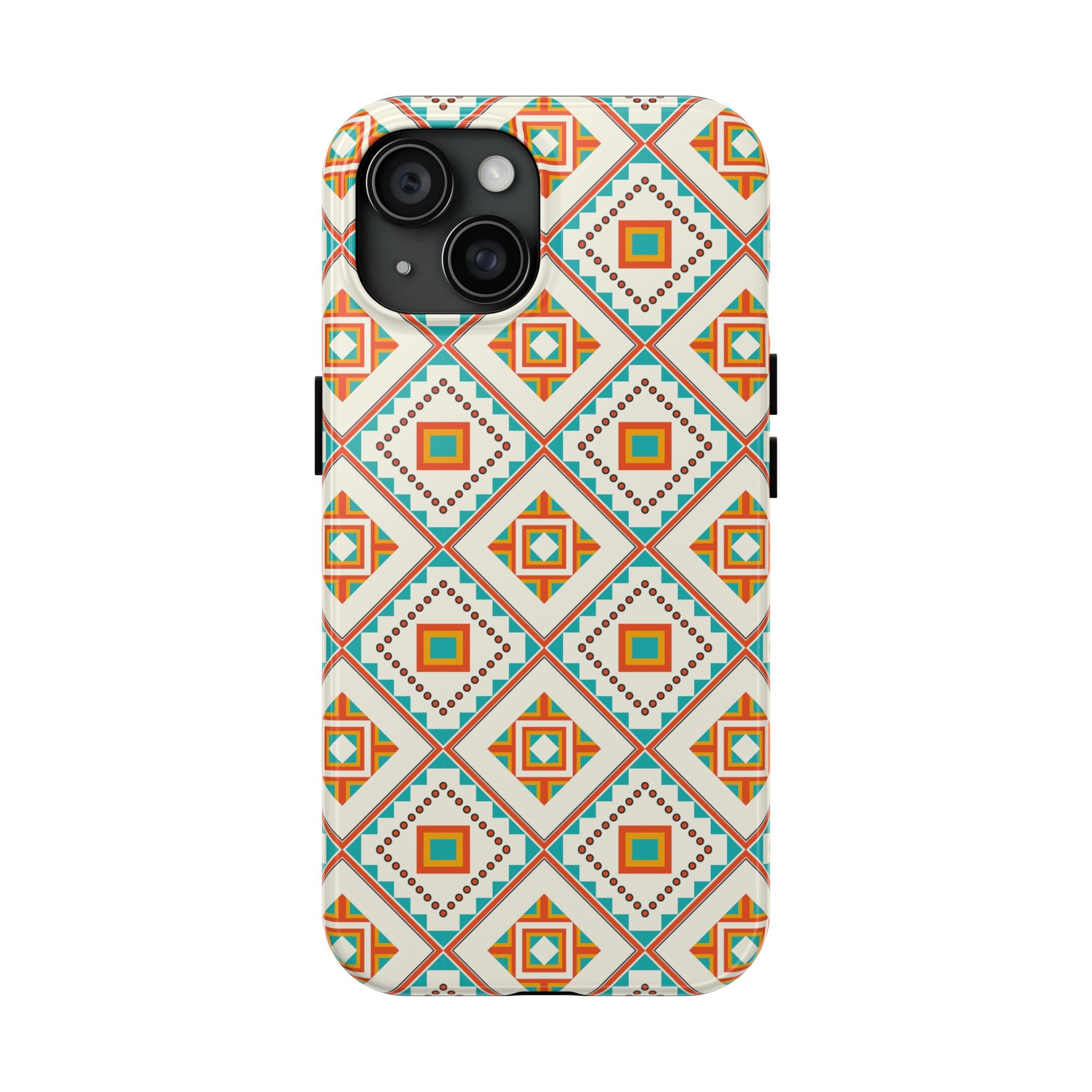 Tough Phone Case — Geometric Retro Tile Pattern, Orange & Teal Protective Cover