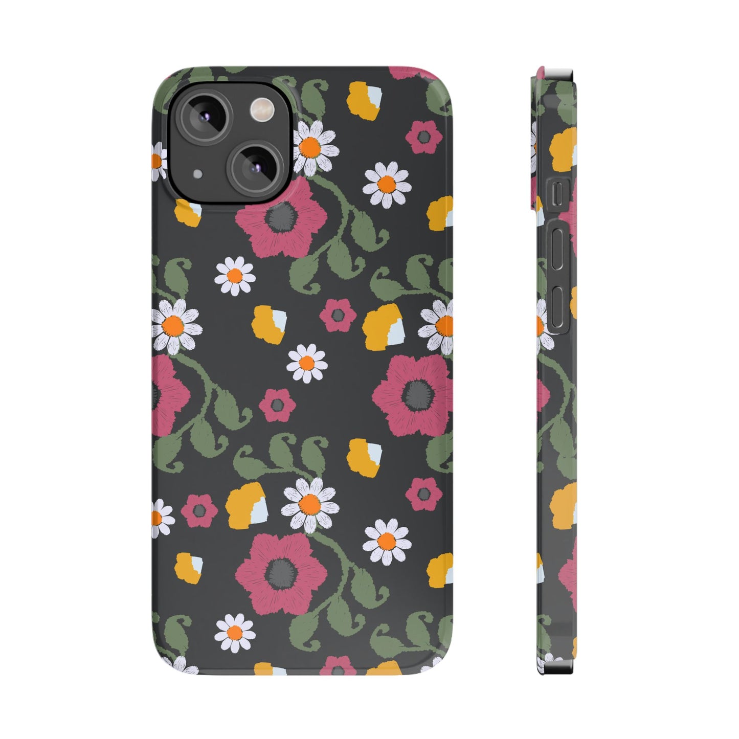 Floral Slim Phone Case, Black Flower Phone Cover, Stylish Phone Accessory, Gift for Her, Trendy Floral Case
